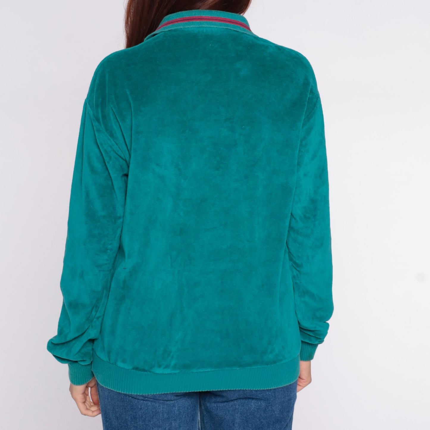 90s Chesterfield Velour Pullover Teal Striped Collared Sweatshirt Medium M