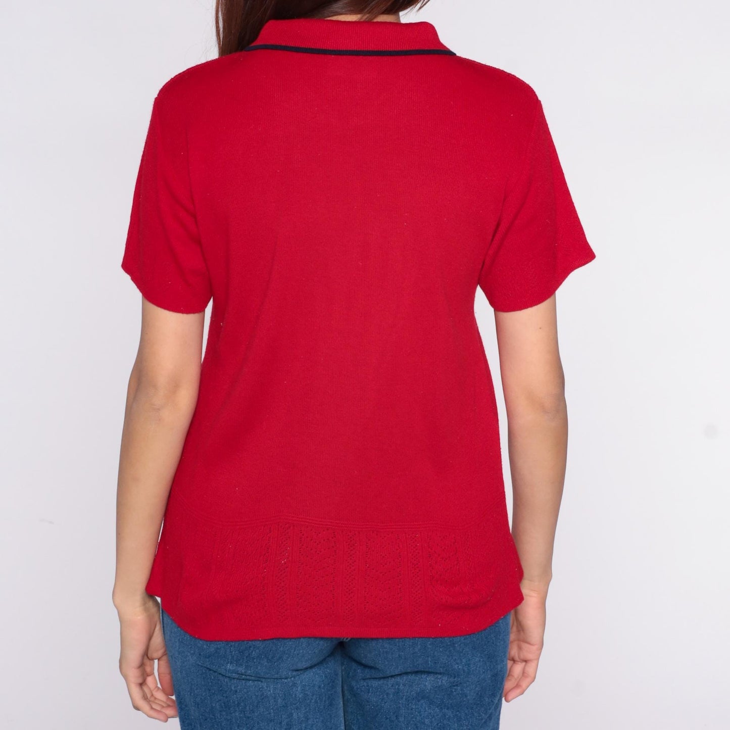 70s Lady Loana Red Polo Shirt Embroidered Flowers Keyhole Neckline Medium