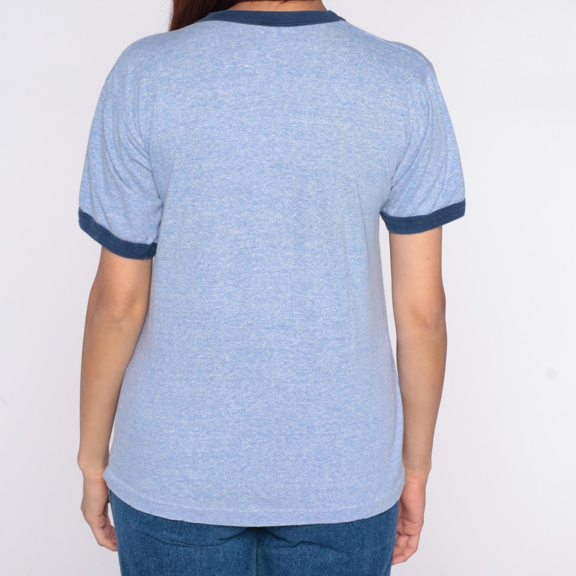 80s Alaska Tourist Ringer Tee Light Blue Navy Trim Graphic Medium
