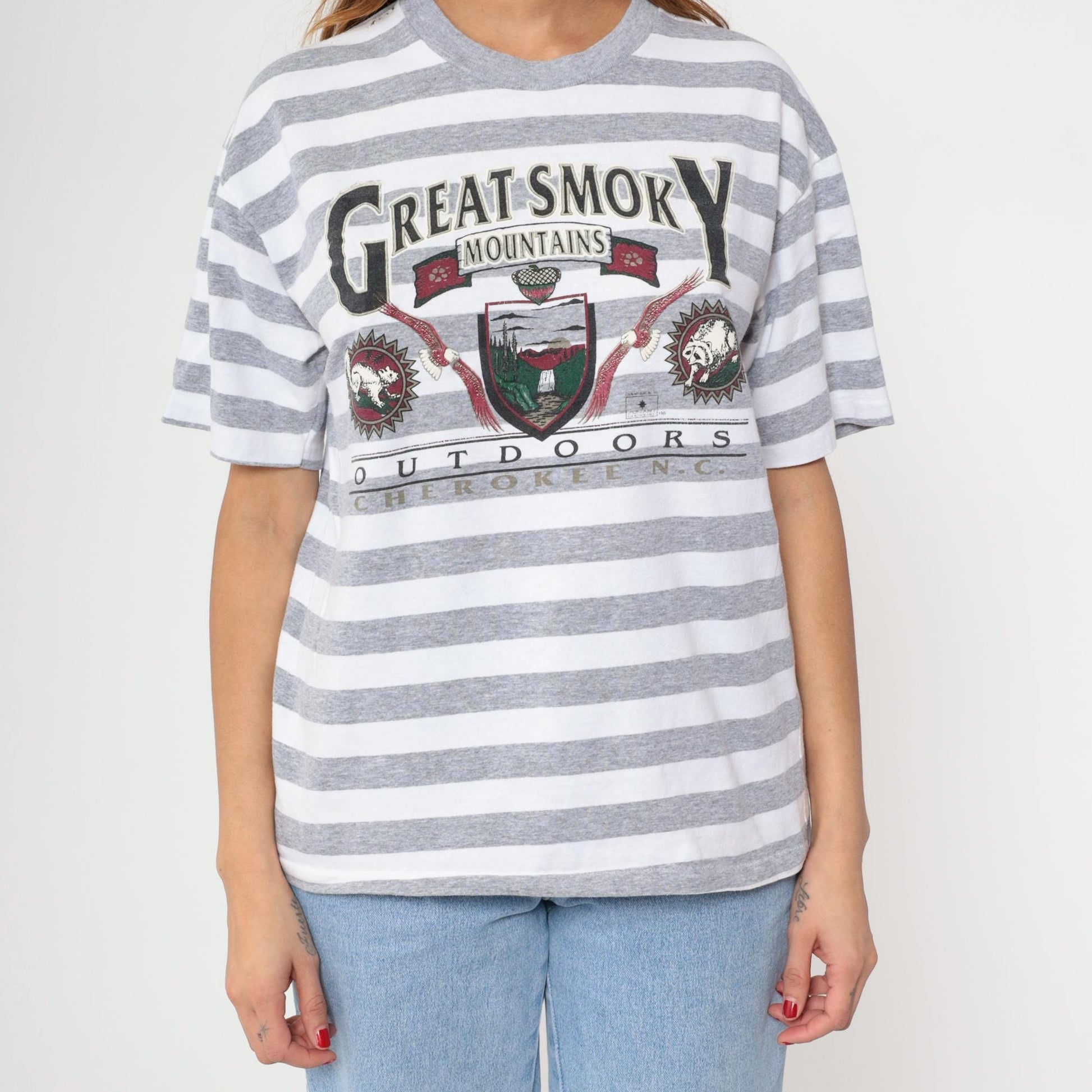 90s Great Smoky Mountains Striped Graphic Tee Grey White Large L