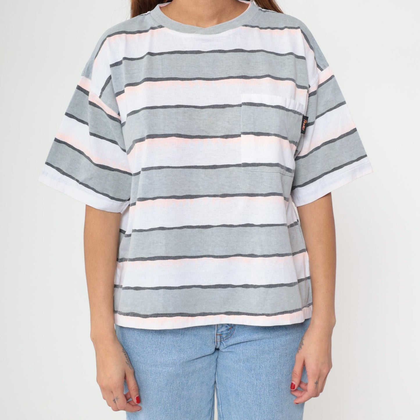 90s Striped T-Shirt Grey White Pink Charcoal Horizontal Crew Neck Medium