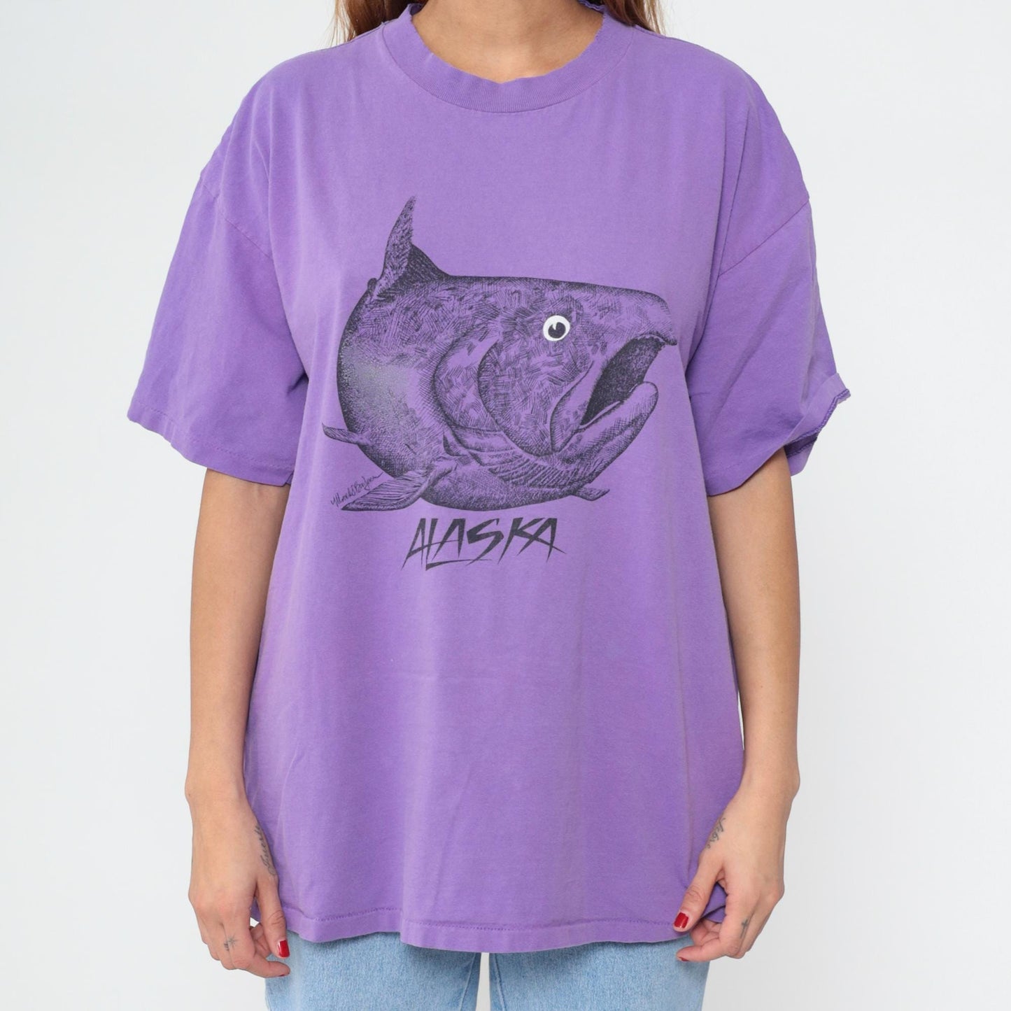 90s Oneita Purple Alaska Fish Graphic Tee Cotton Plus Size XXL
