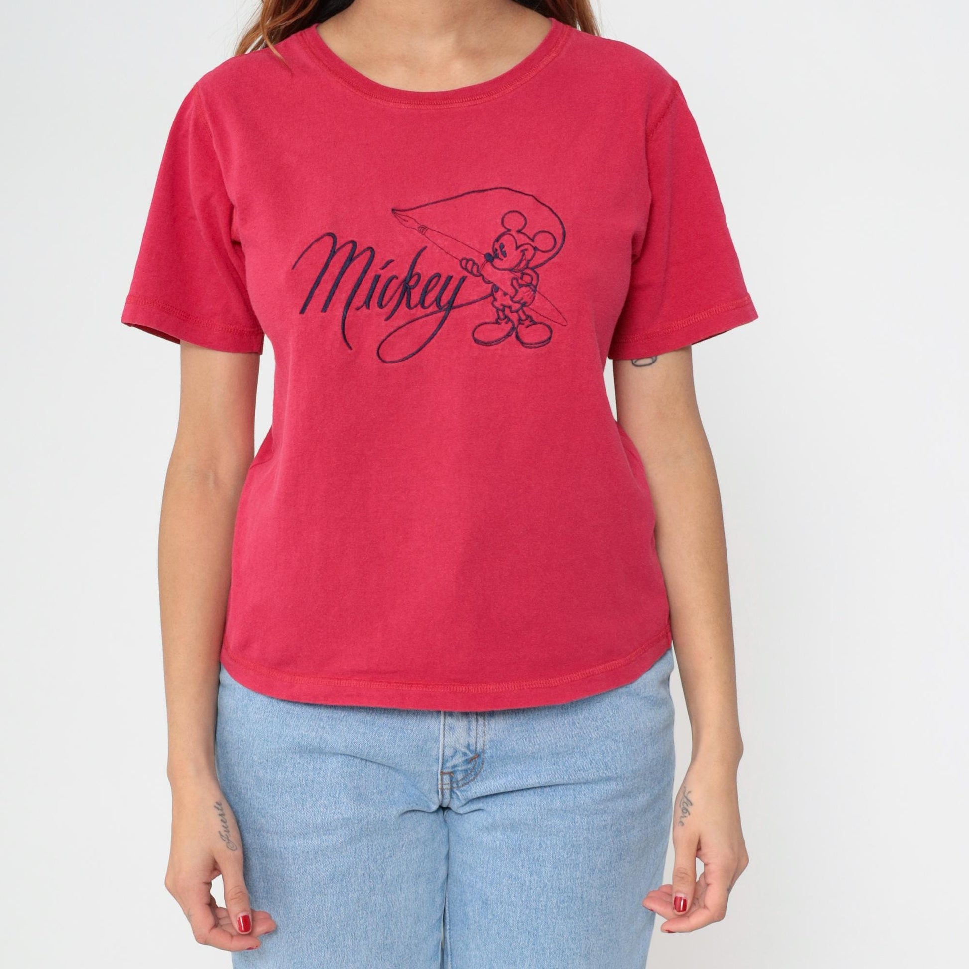 90s Mickey Mouse Fishing Graphic T-Shirt Red Cotton Crew Neck Medium M