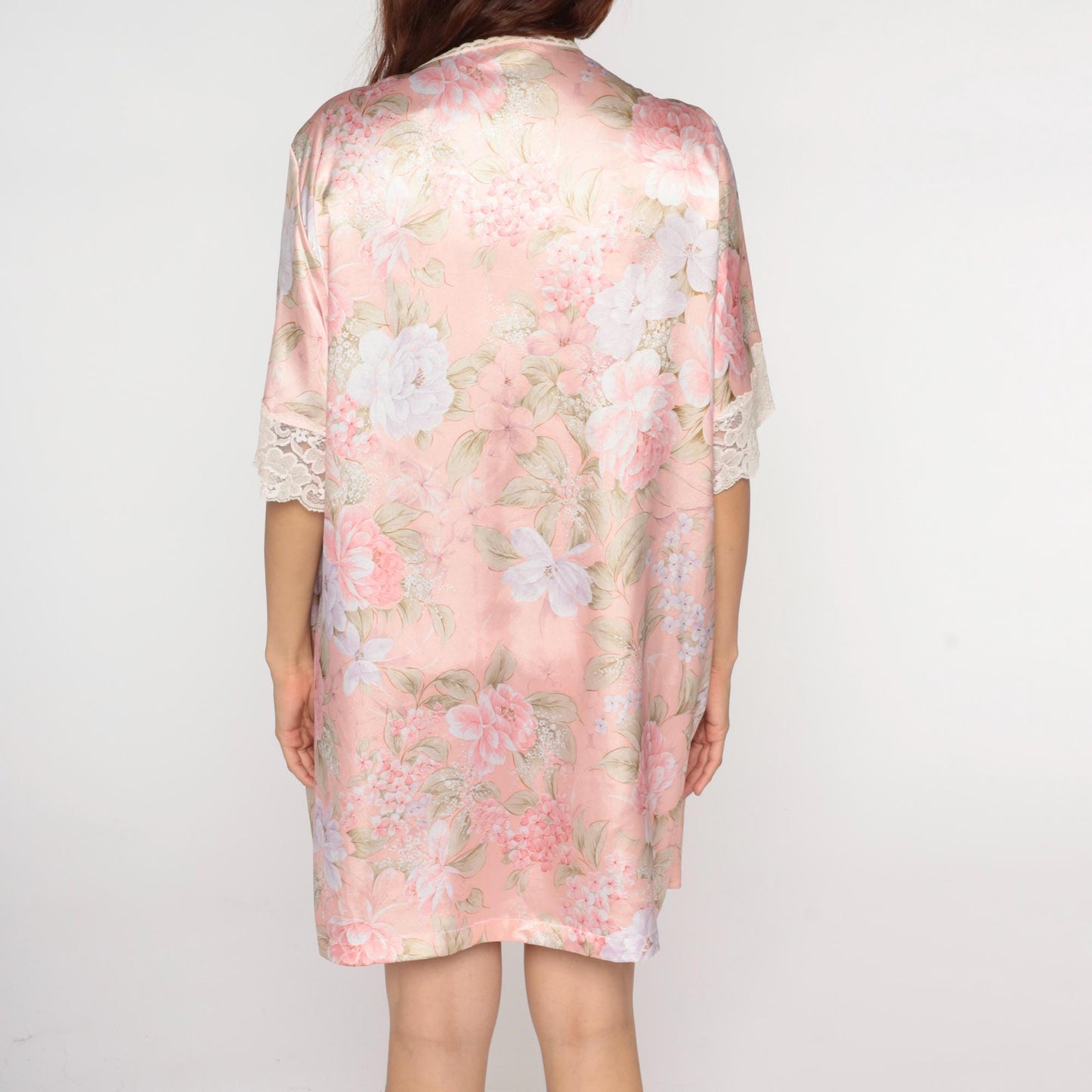 90s Pink Floral Kimono Robe Wendy Ann Lace Trim Knee Length Medium