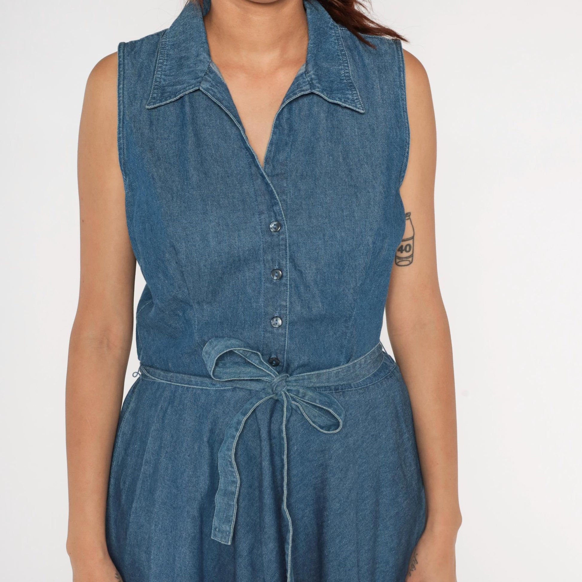 Y2K Denim Midi Dress Blue Chambray Sleeveless Collared Tie Waist Large L