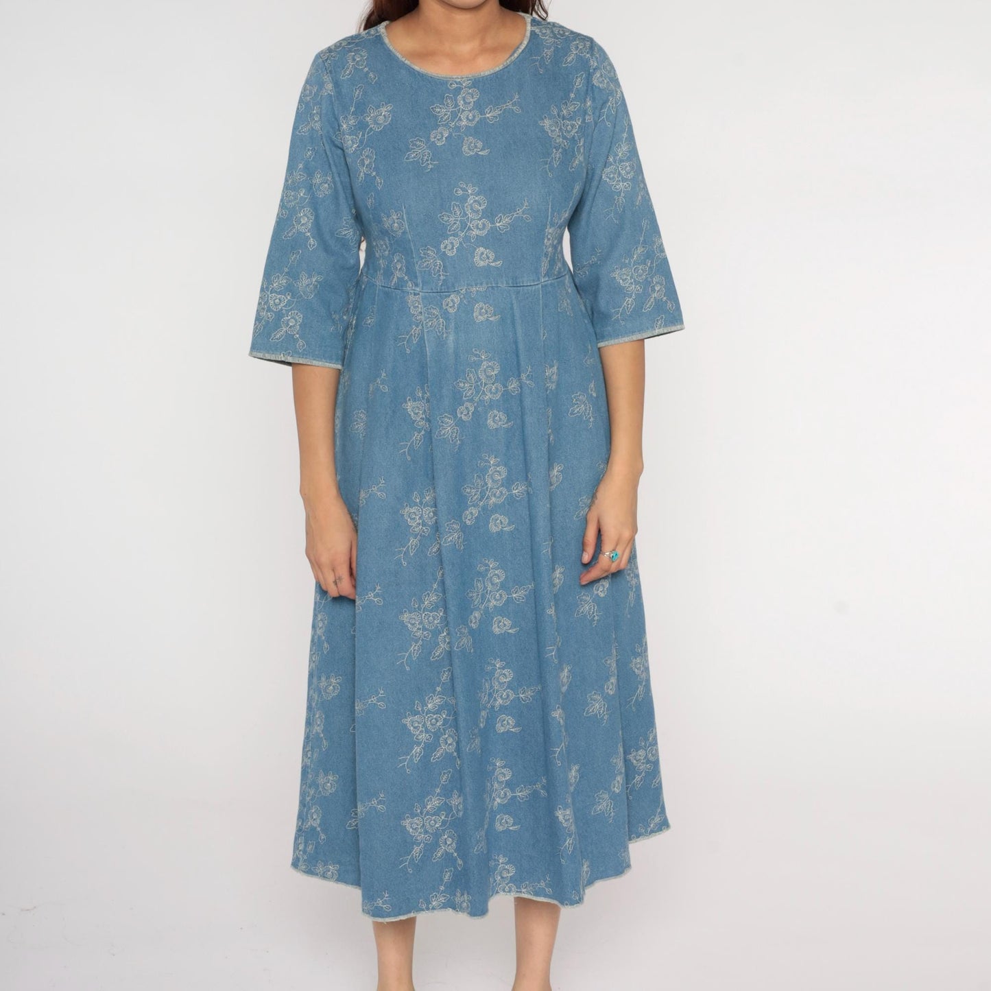 Y2K Blue Embroidered Denim Dress Floral Empire Waist A-Line Medium M