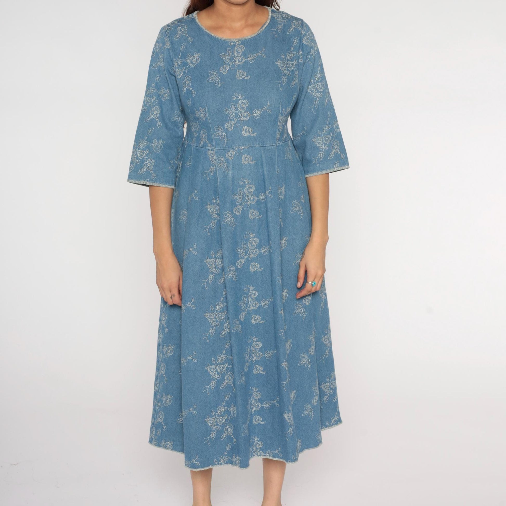 Y2K Blue Embroidered Denim Dress Floral Empire Waist A-Line Medium M