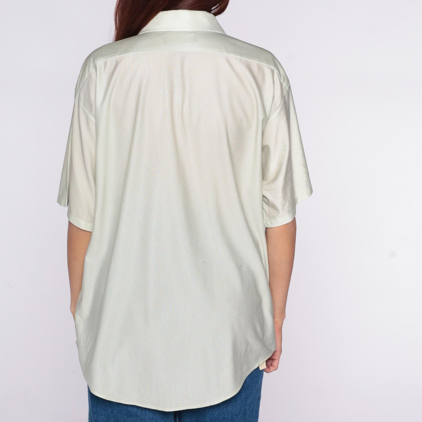 70s Van Heusen Sage Green Short Sleeve Button-Up Shirt Chest Pocket Large L