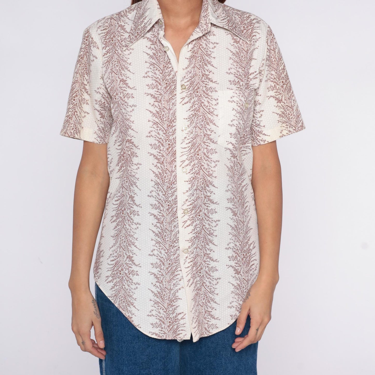 70s Jandy Place Fern Print Button-Up Blouse Cream Brown Short Sleeve Small