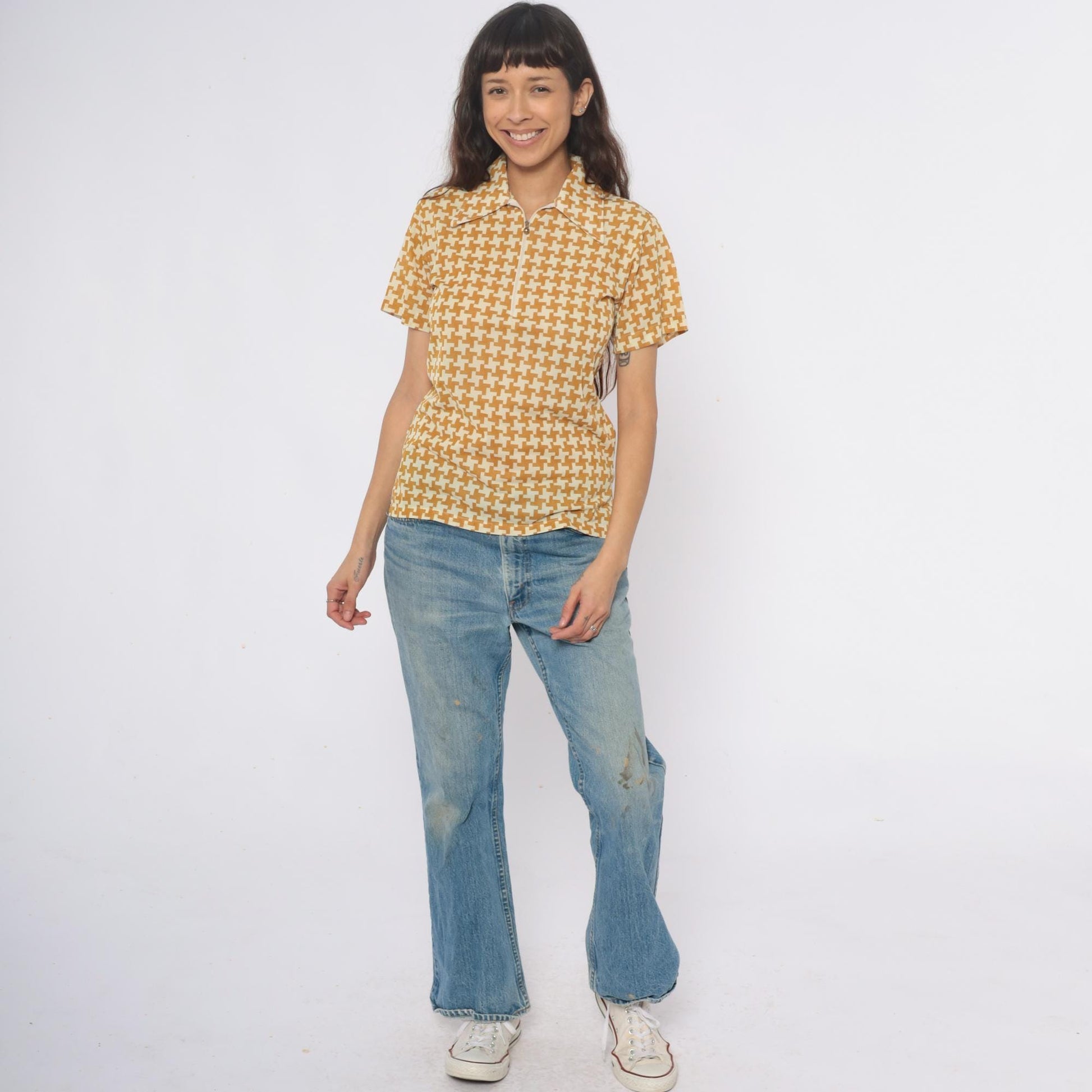 70s Houndstooth Polo Zip Front Collared Shirt Yellow Cream Geometric Extra Small