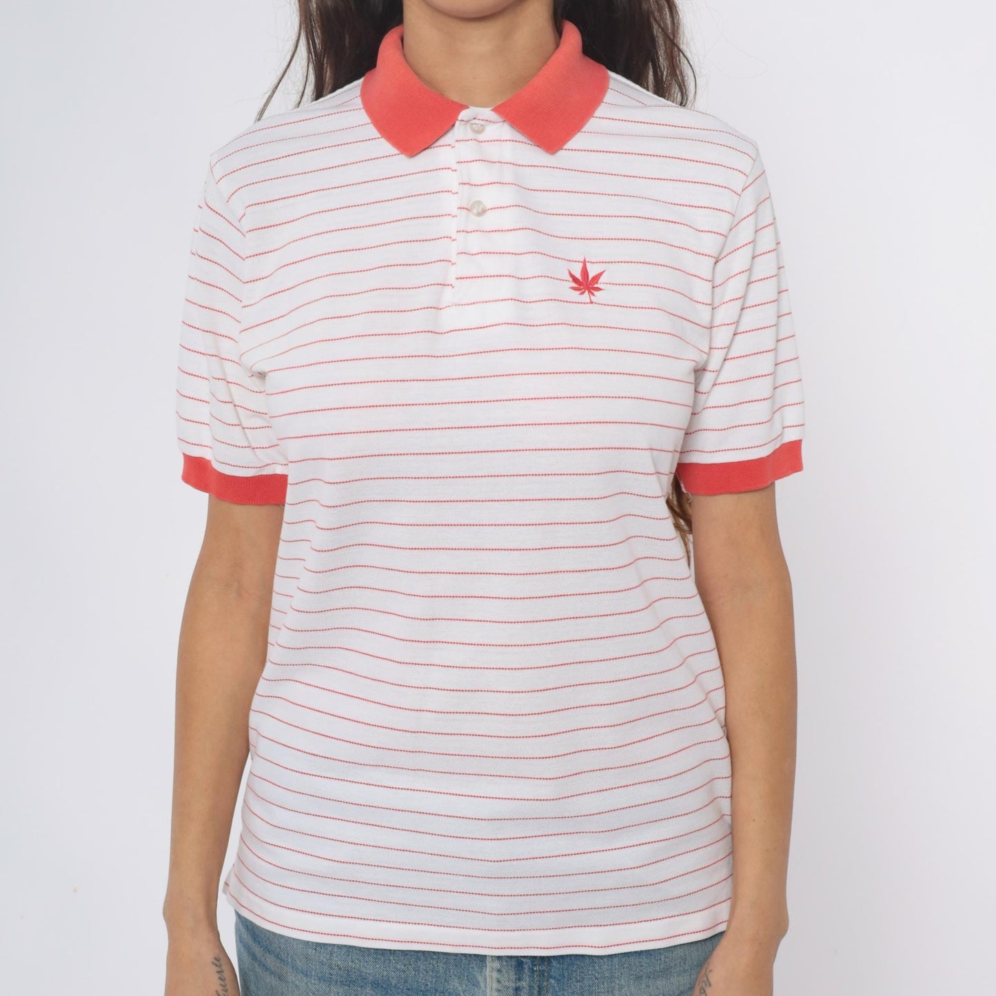 90s Boast Striped Polo Shirt Red White Cannabis Leaf Embroidered Medium