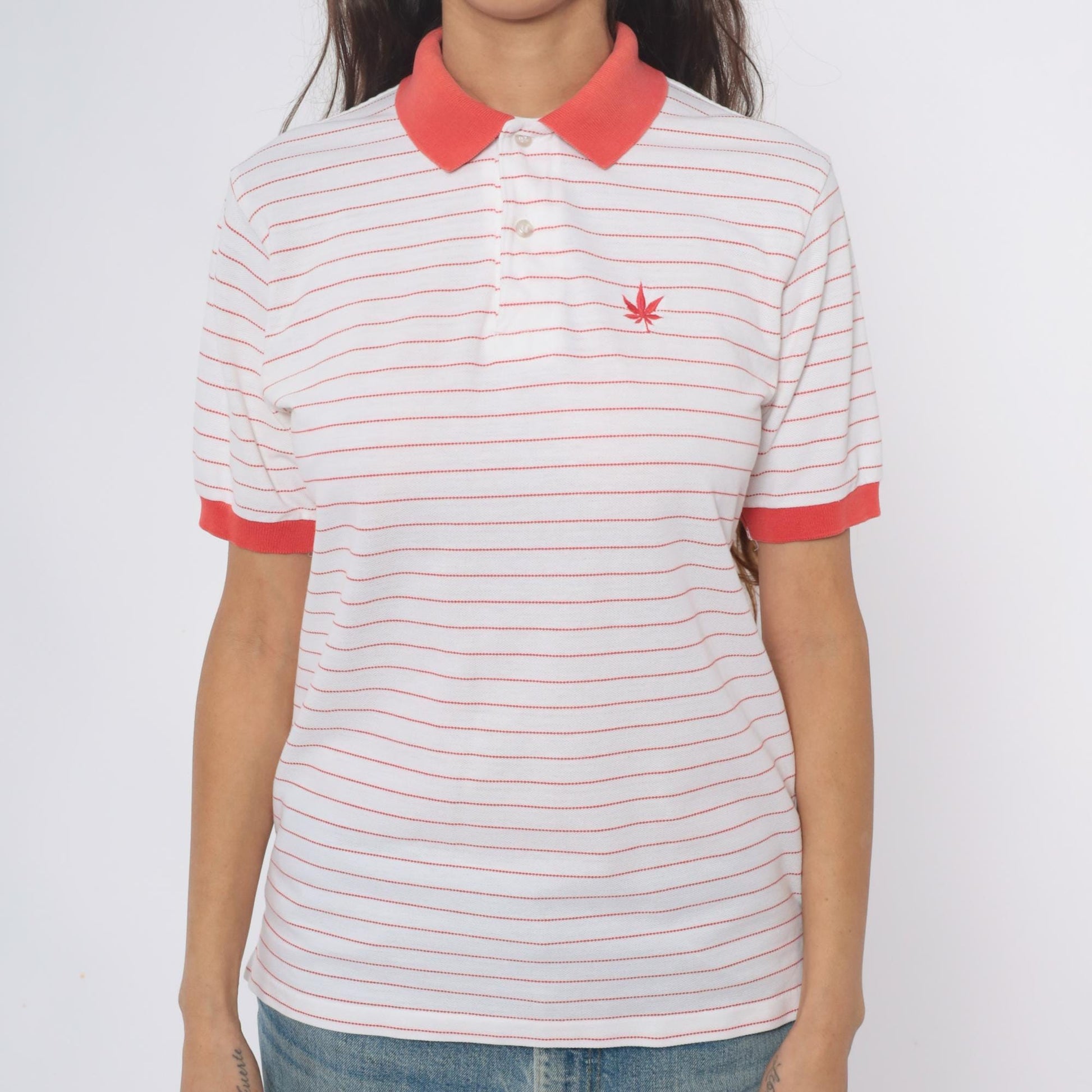 90s Boast Striped Polo Shirt Red White Cannabis Leaf Embroidered Medium