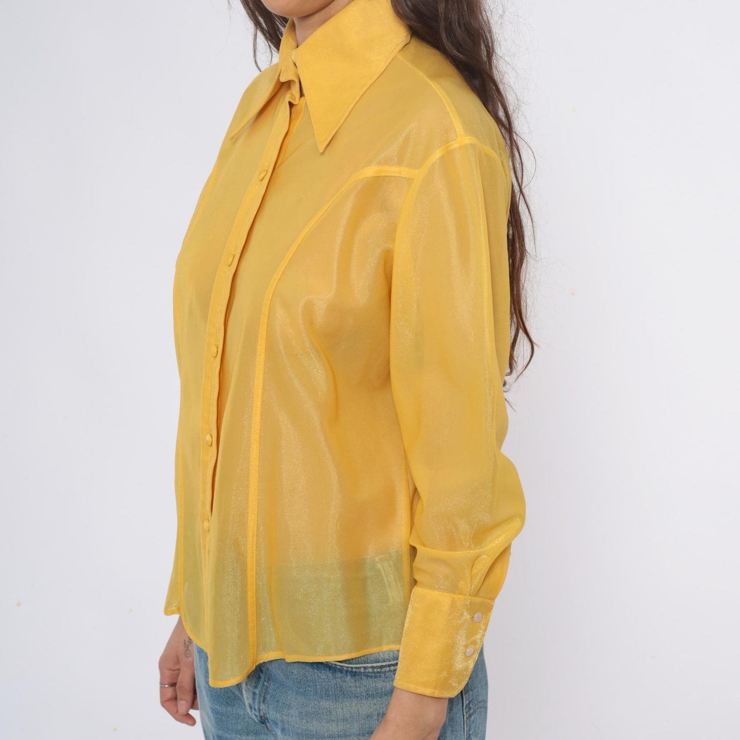 80s Lady Marlboro Yellow Nylon Blouse Button Front Pointed Collar Medium