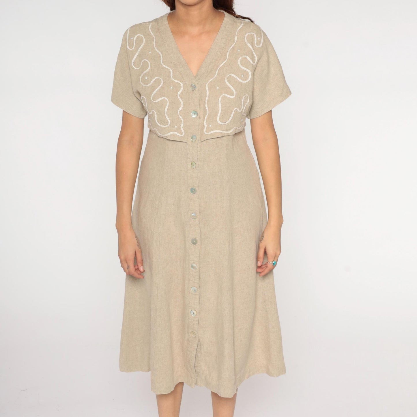 90s Miss Dorby Beige Linen Midi Dress Embroidered Sequin V-Neck Medium
