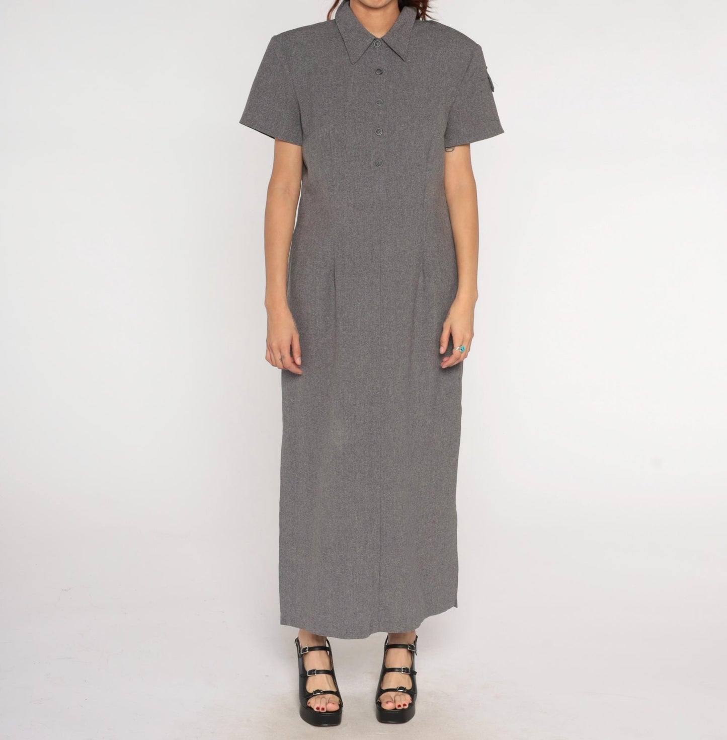 90s Grey Collared Shirt Dress Maxi Polyester Column Short Sleeve Large L