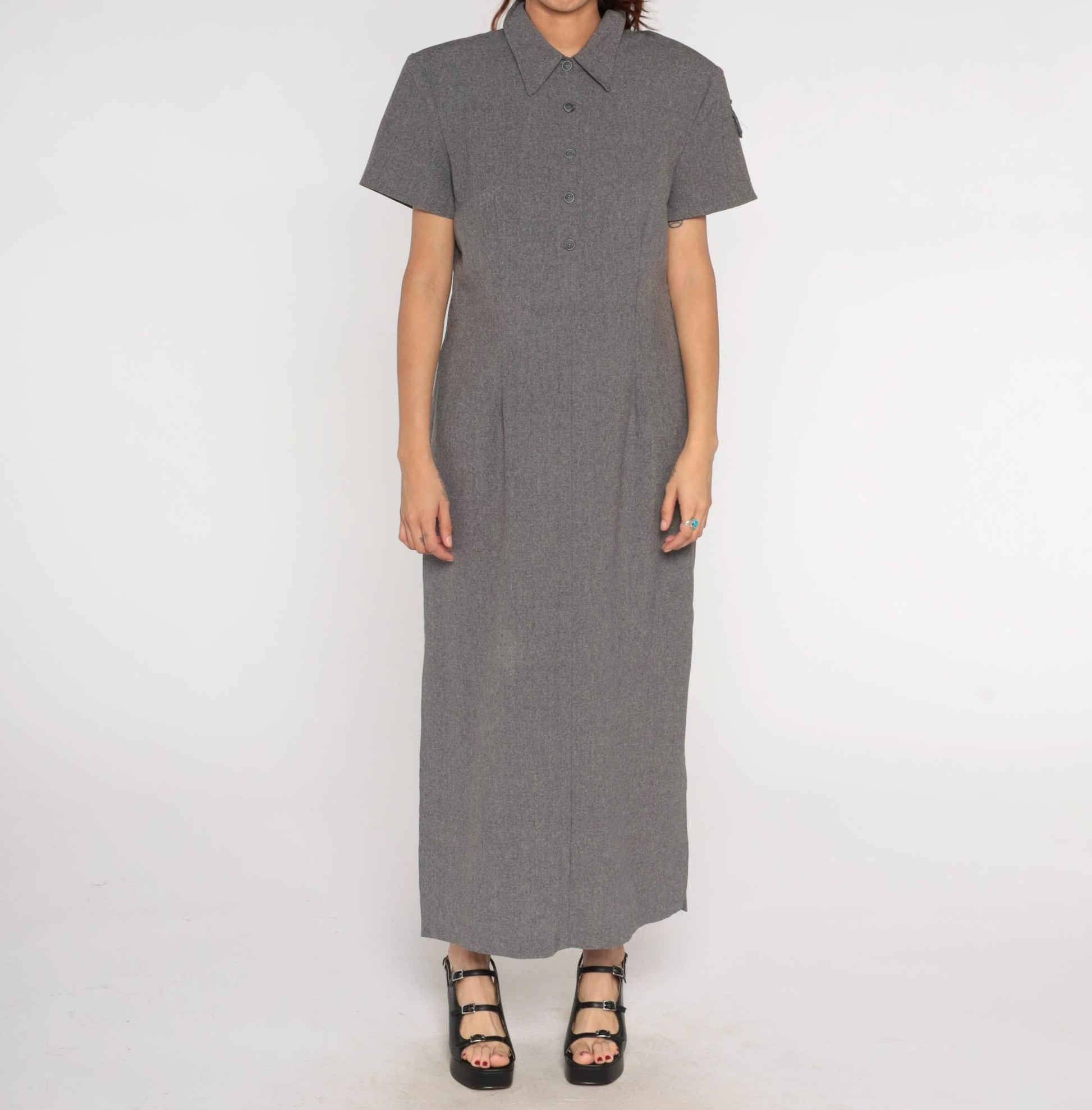 90s Grey Collared Shirt Dress Maxi Polyester Column Short Sleeve Large L