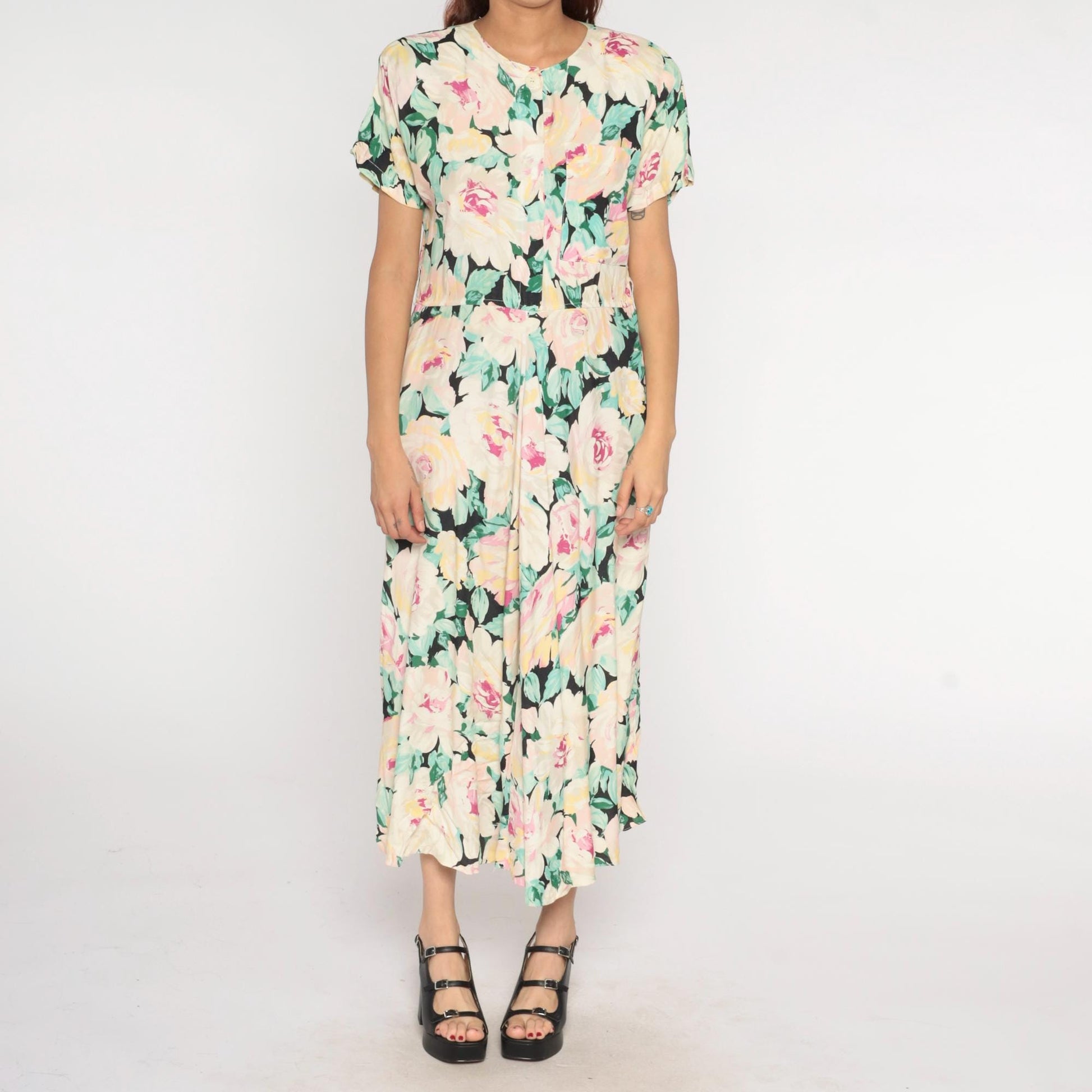 90s Carol Anderson Pastel Floral Maxi Dress Cream Pink Yellow Green Medium