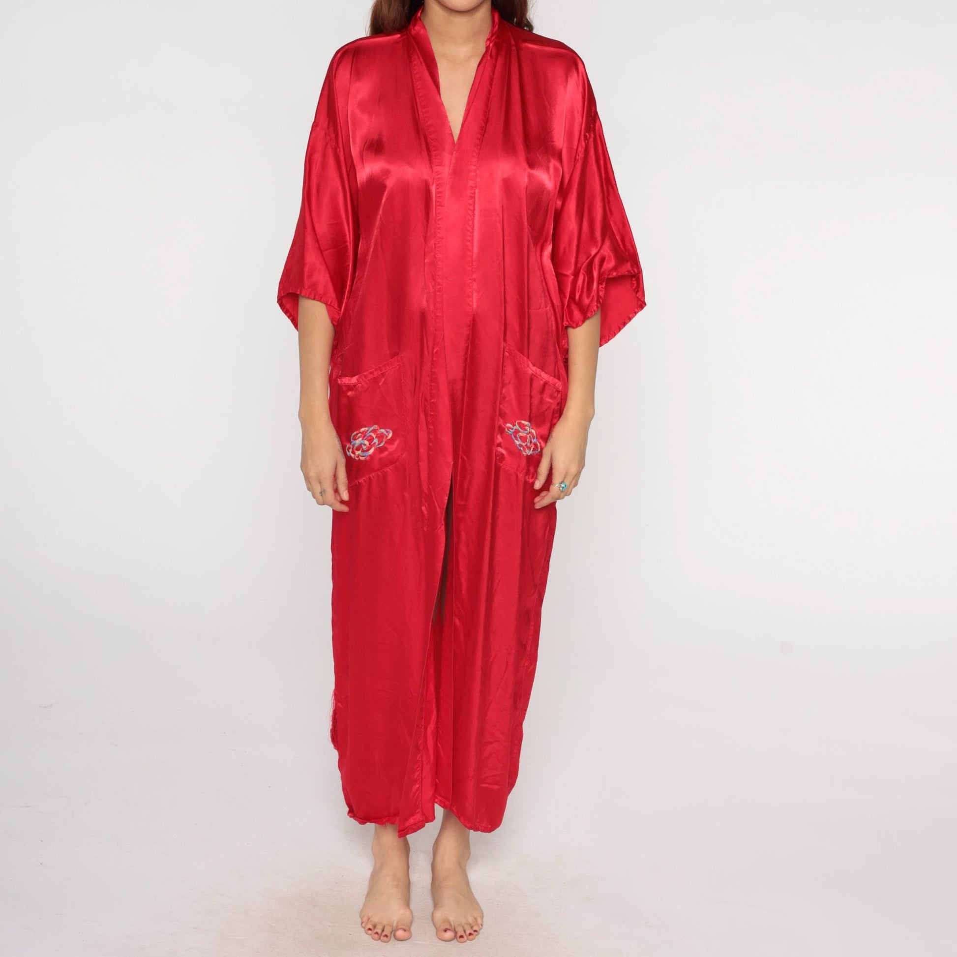 90s Red Satin Dragon Embroidered Kimono Robe Maxi Dressing Gown Extra Large XXL