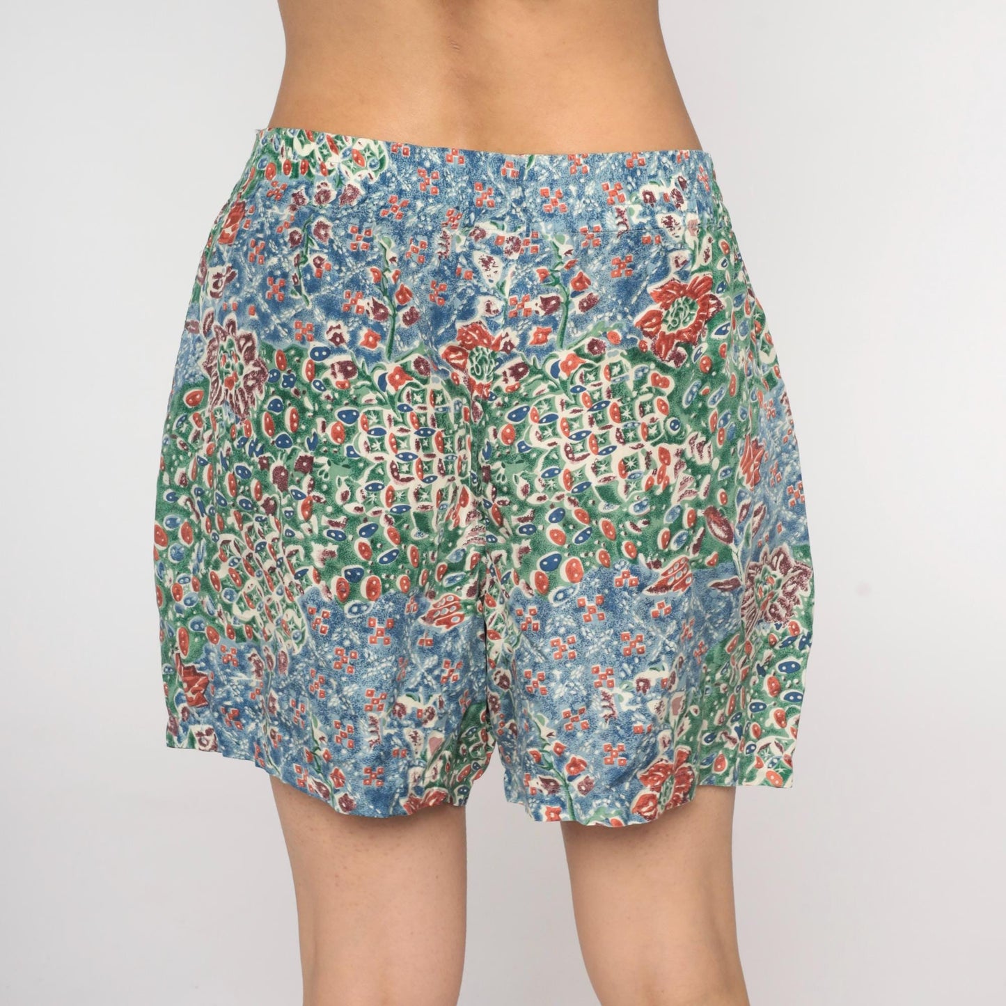 Y2K Solutions Silk Shorts Floral Abstract Blue Green High Rise Medium M
