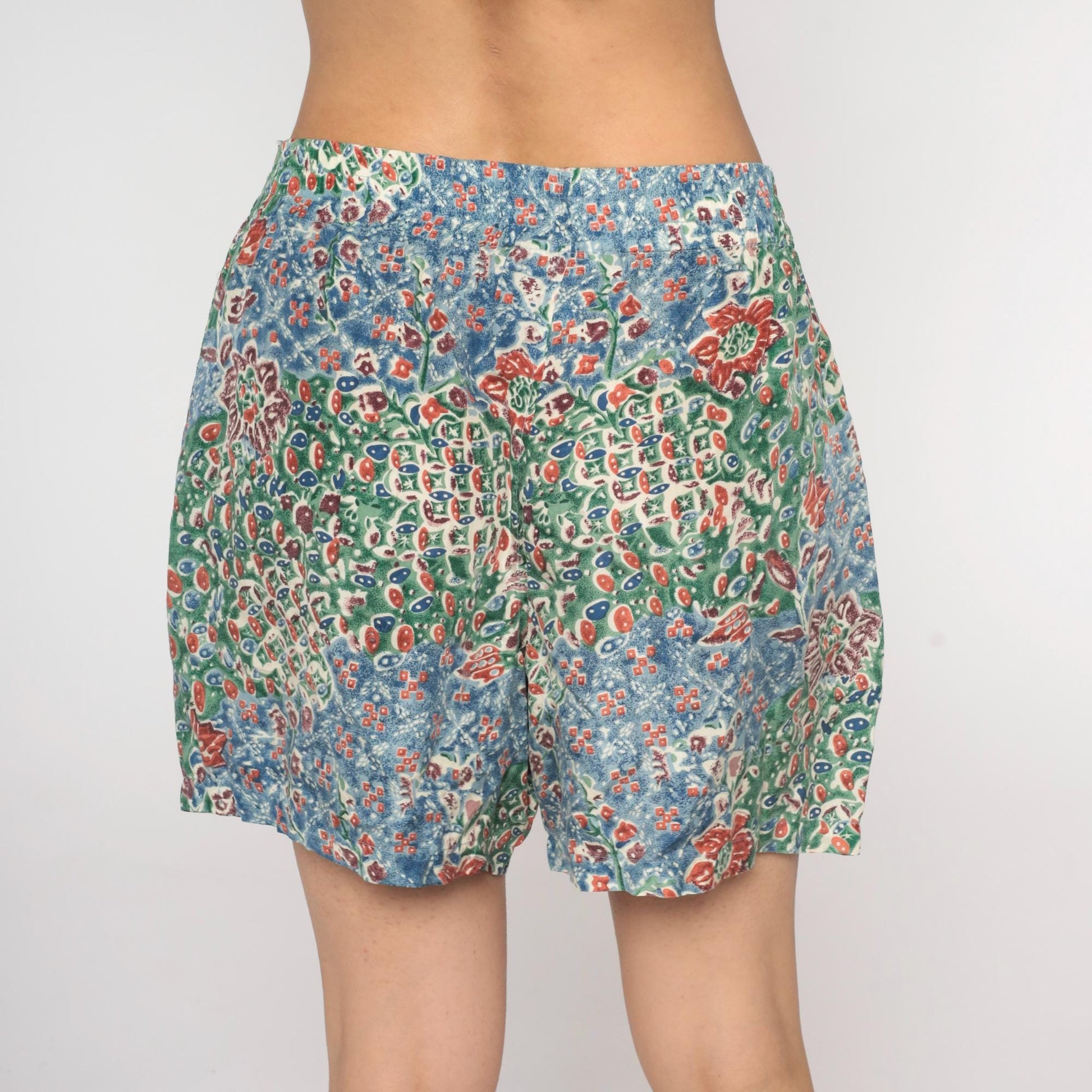 Y2K Solutions Silk Shorts Floral Abstract Blue Green High Rise Medium M