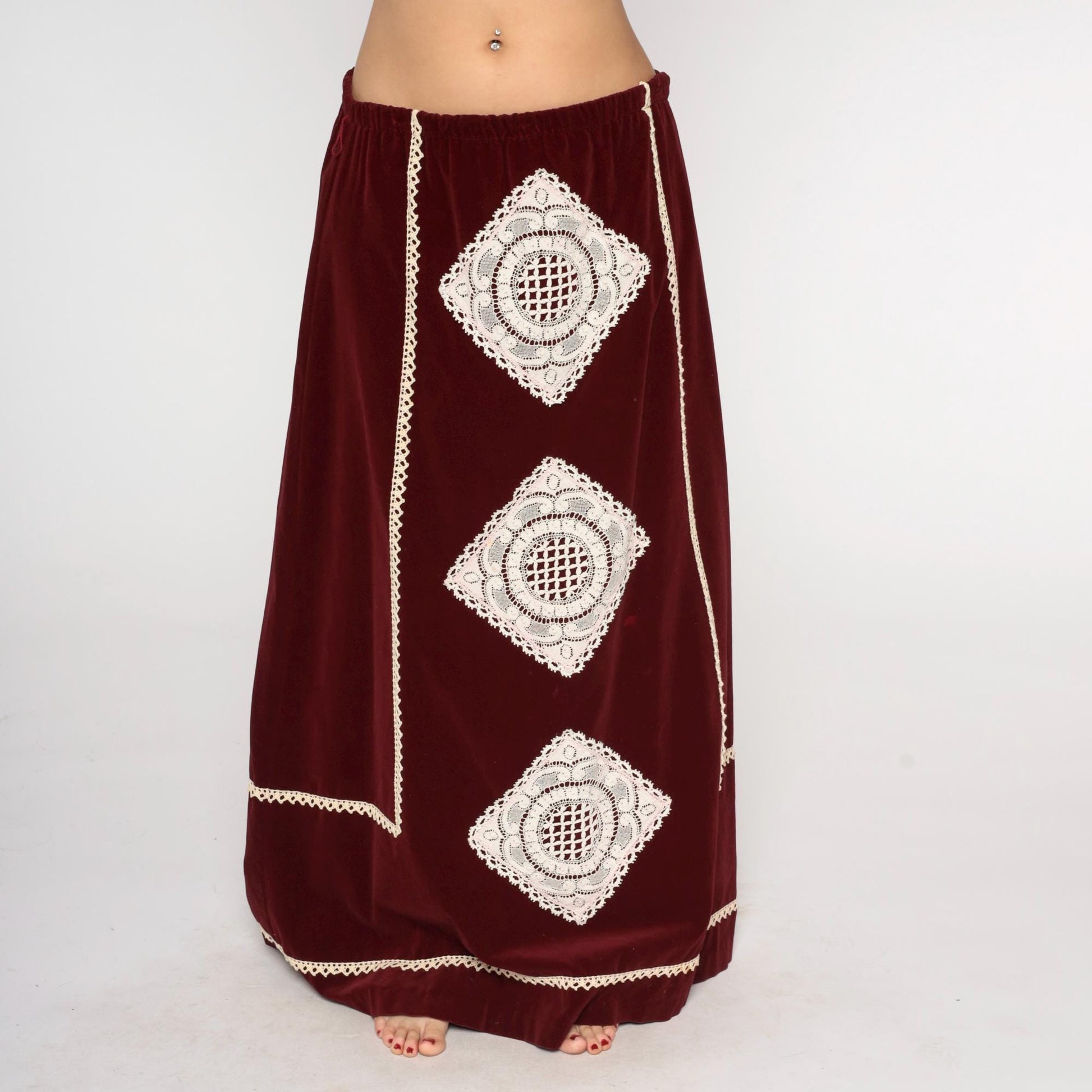 70s Belles of Ireland Burgundy Velvet Maxi Skirt Crochet Lace Trim Medium