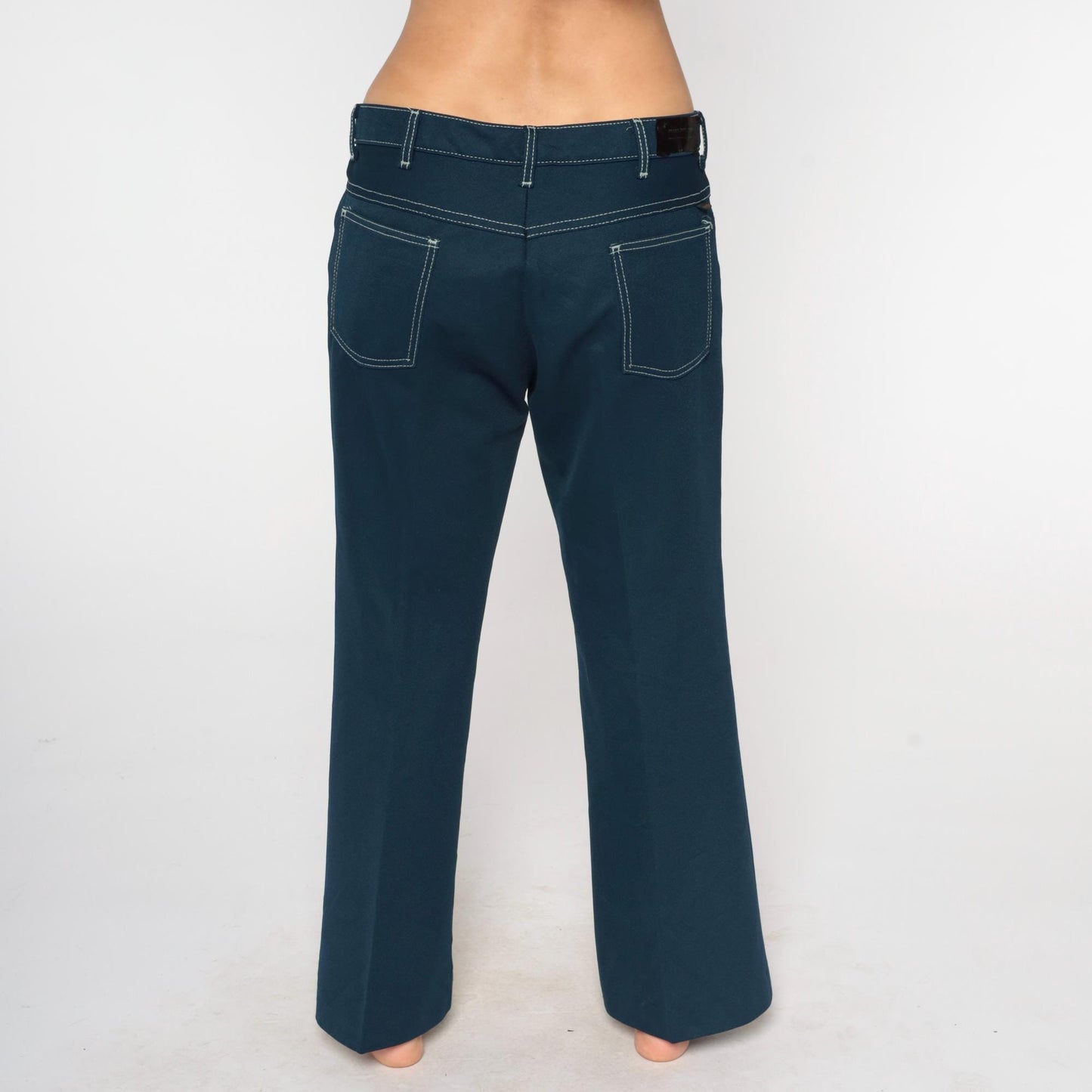 70s Farah Flared Pants Teal Blue White Stitching Low Rise Bell Bottom Large