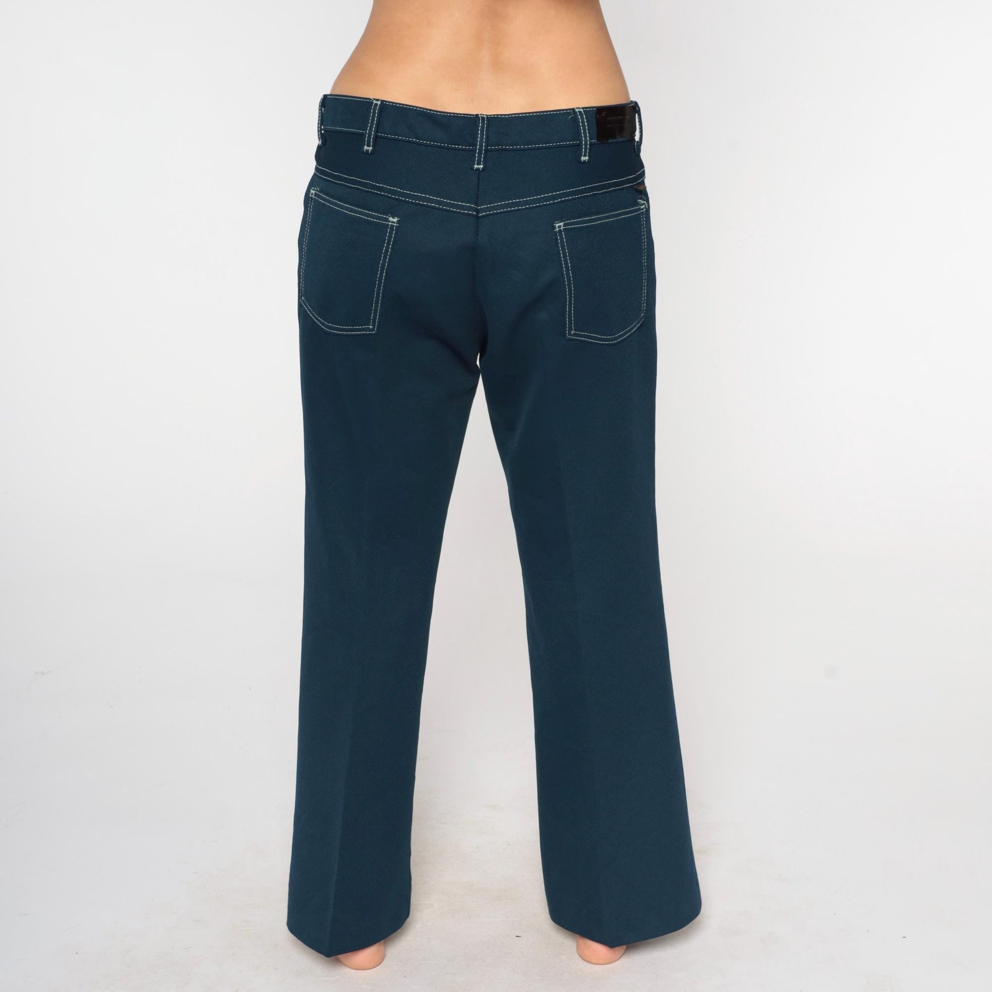 70s Farah Flared Pants Teal Blue White Stitching Low Rise Bell Bottom Large