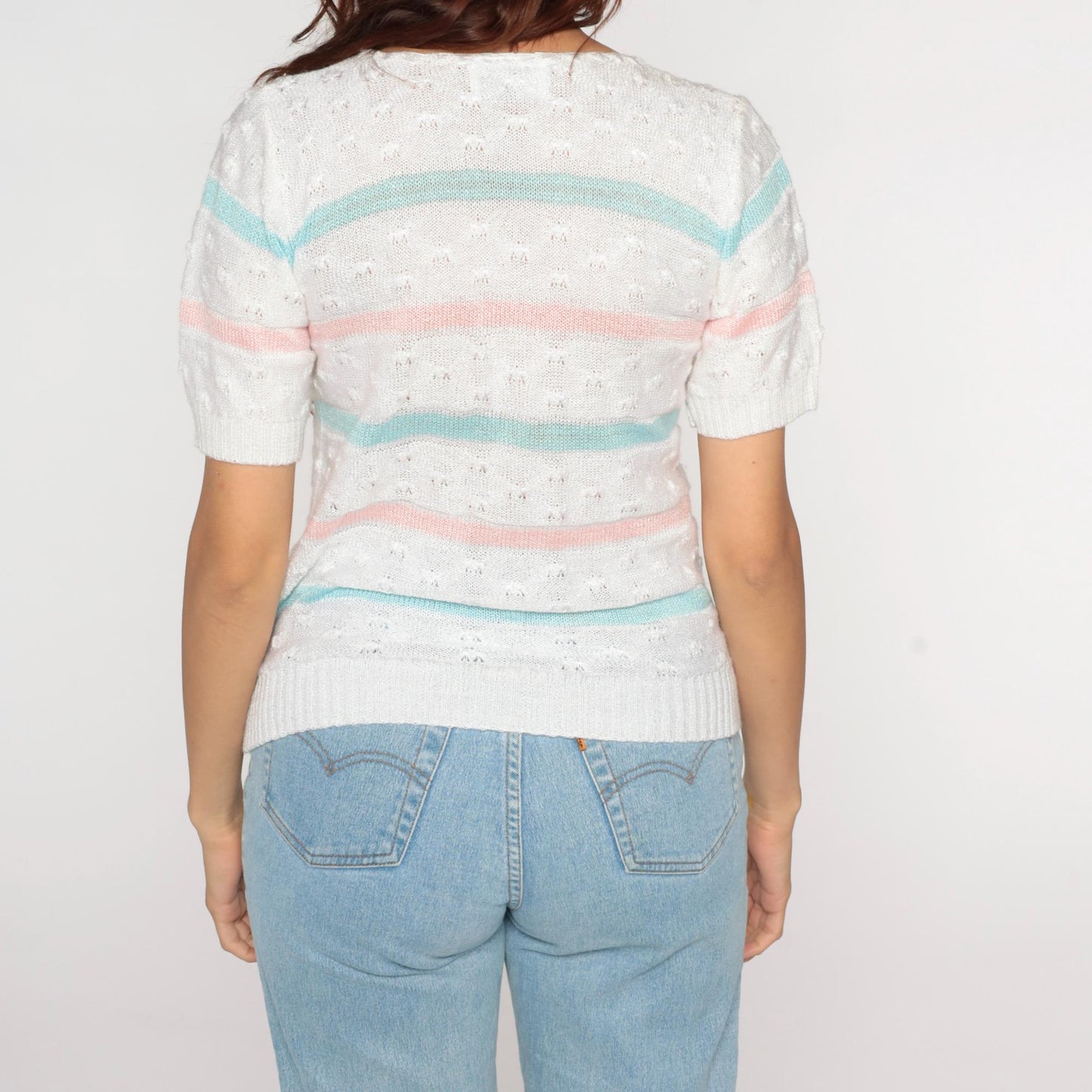 80s Billie Jo Striped Pointelle Knit Sweater Pink Blue Cream Small S