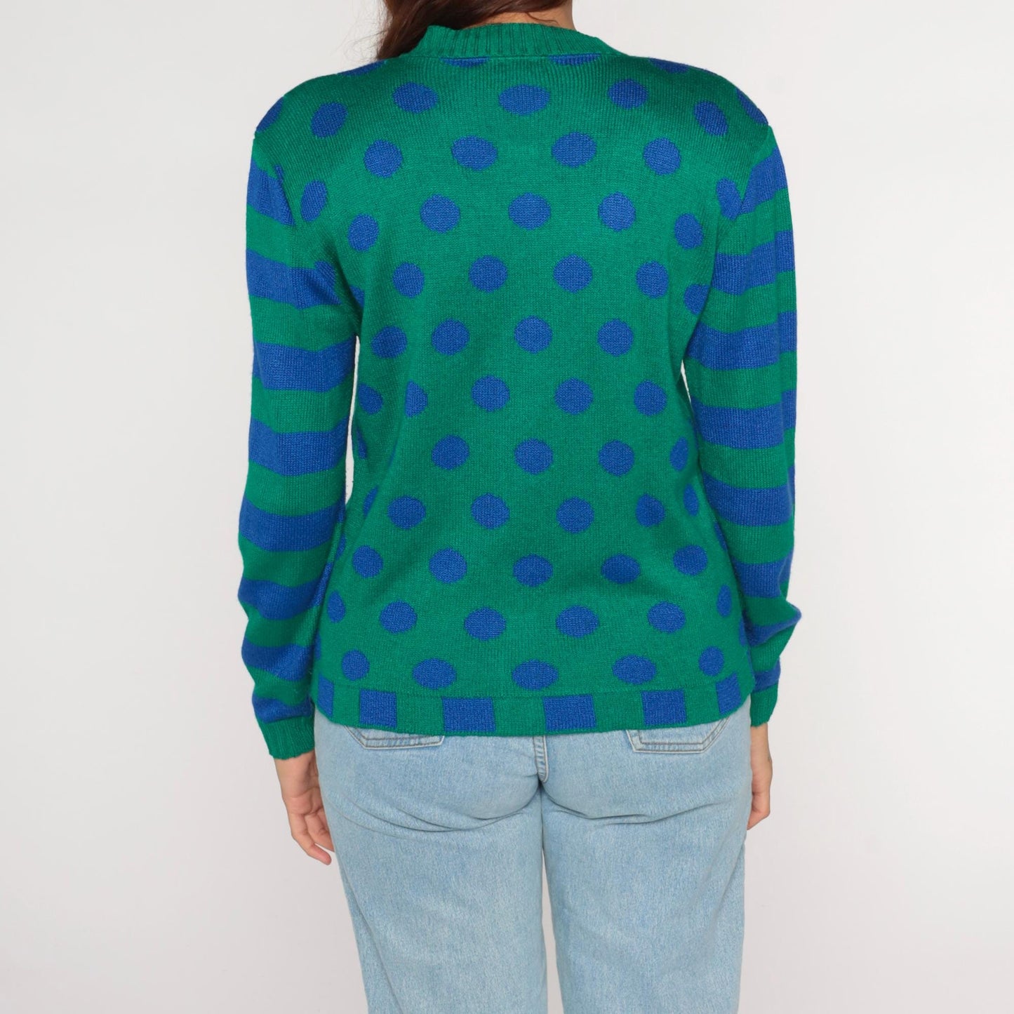 80s Ami Knits Cardigan Green Polka Dot Blue Striped Sleeves Large L