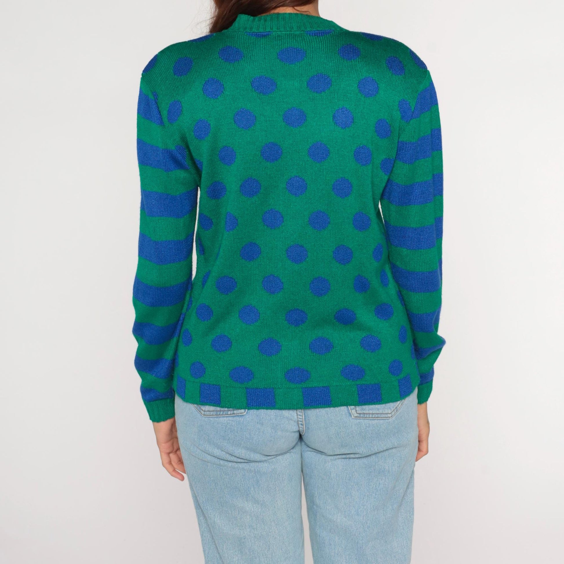 80s Ami Knits Cardigan Green Polka Dot Blue Striped Sleeves Large L