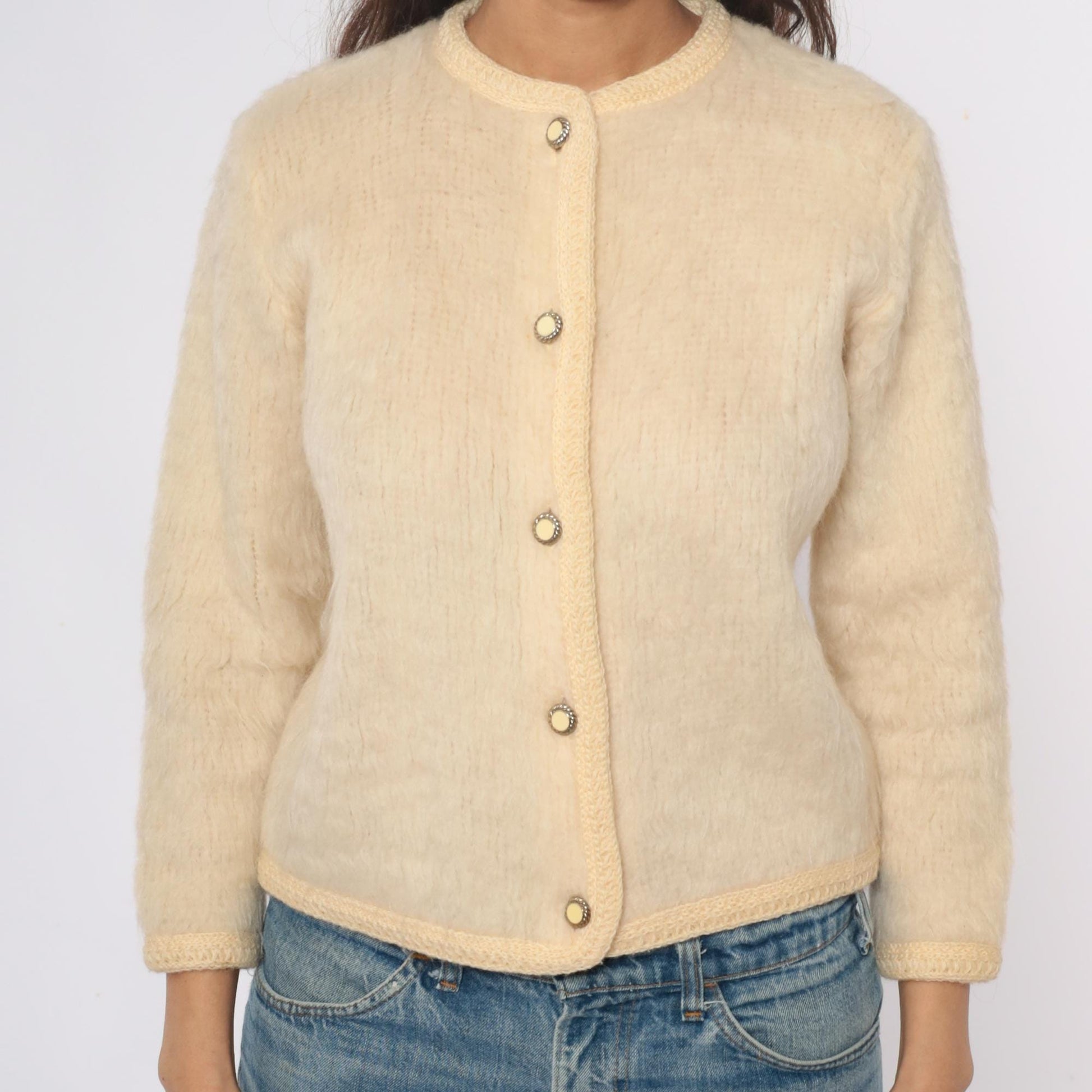 70s Cream Wool Cardigan Peter Pan Collar Textured Knit Small Medium