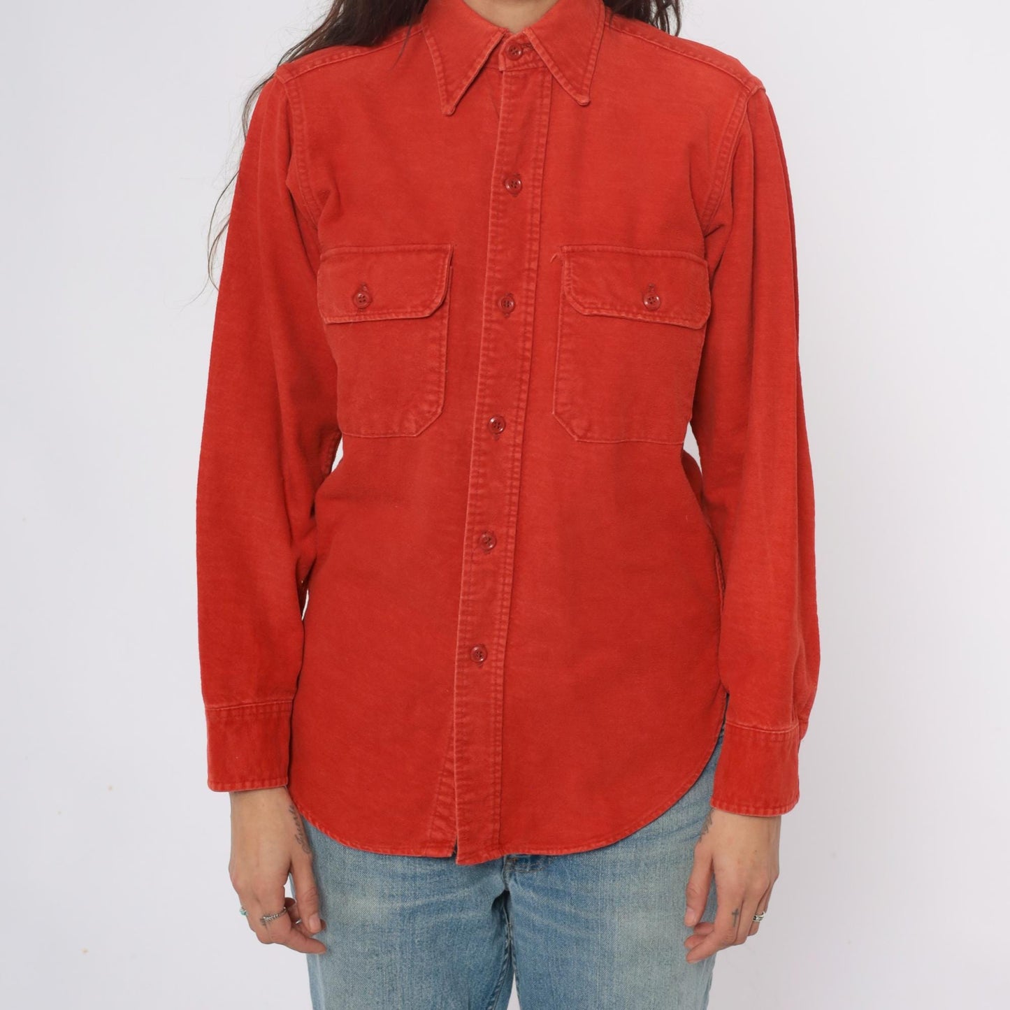 80s Woolrich Orange Button-Up Shirt Long Sleeve Collared Chest Pockets Medium