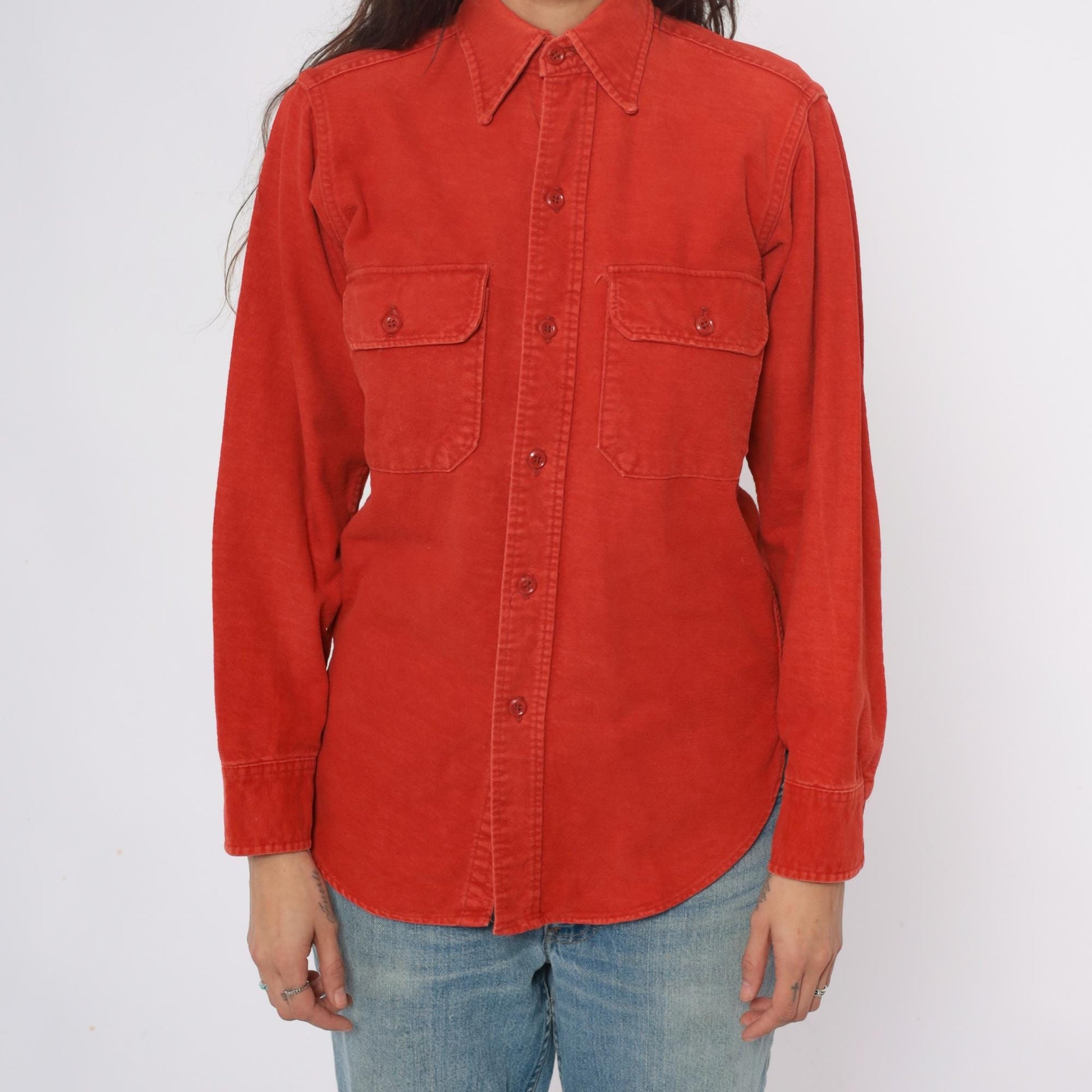 80s Woolrich Orange Button-Up Shirt Long Sleeve Collared Chest Pockets Medium