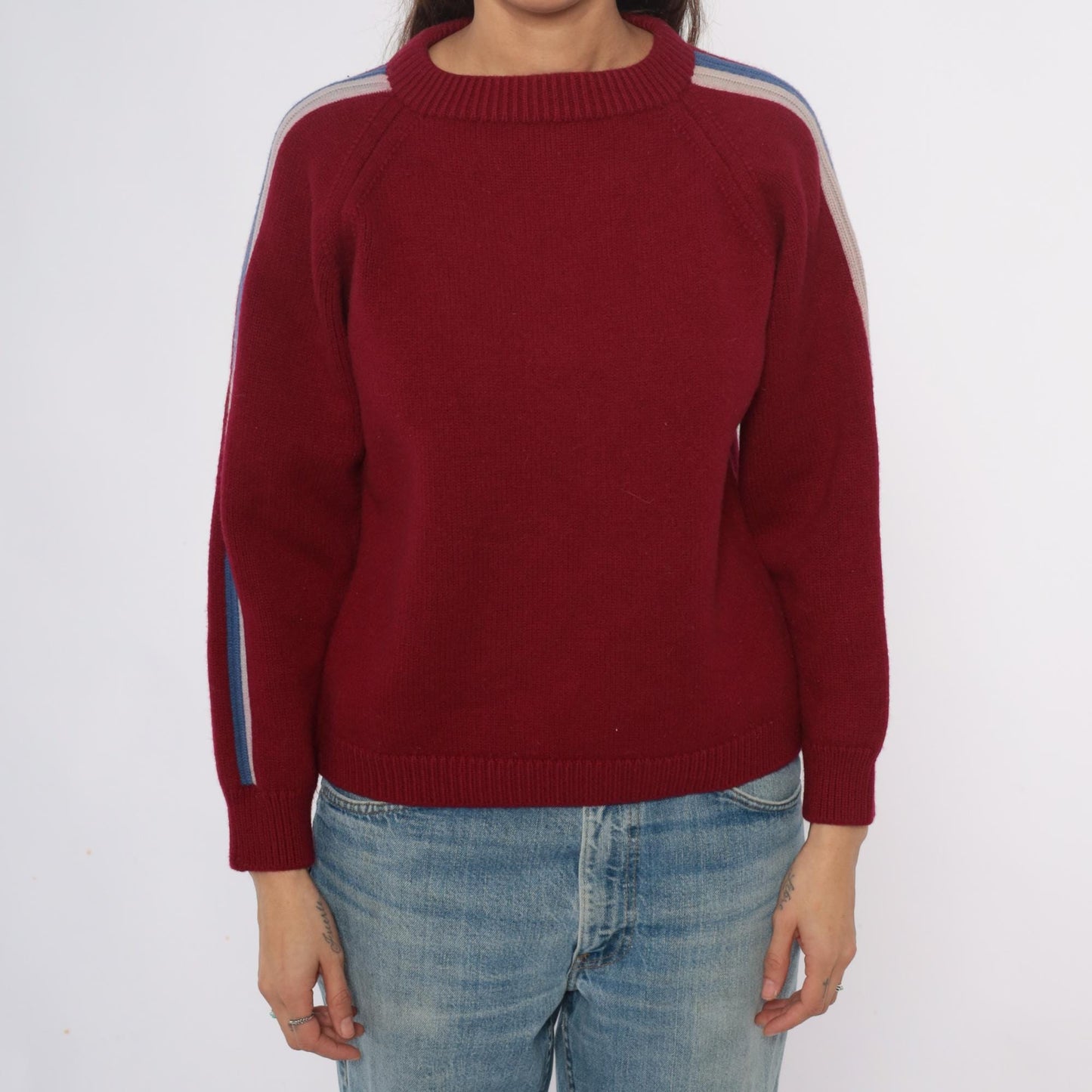 80s Cortina Burgundy Wool Sweater Stripe Raglan Crewneck Medium M