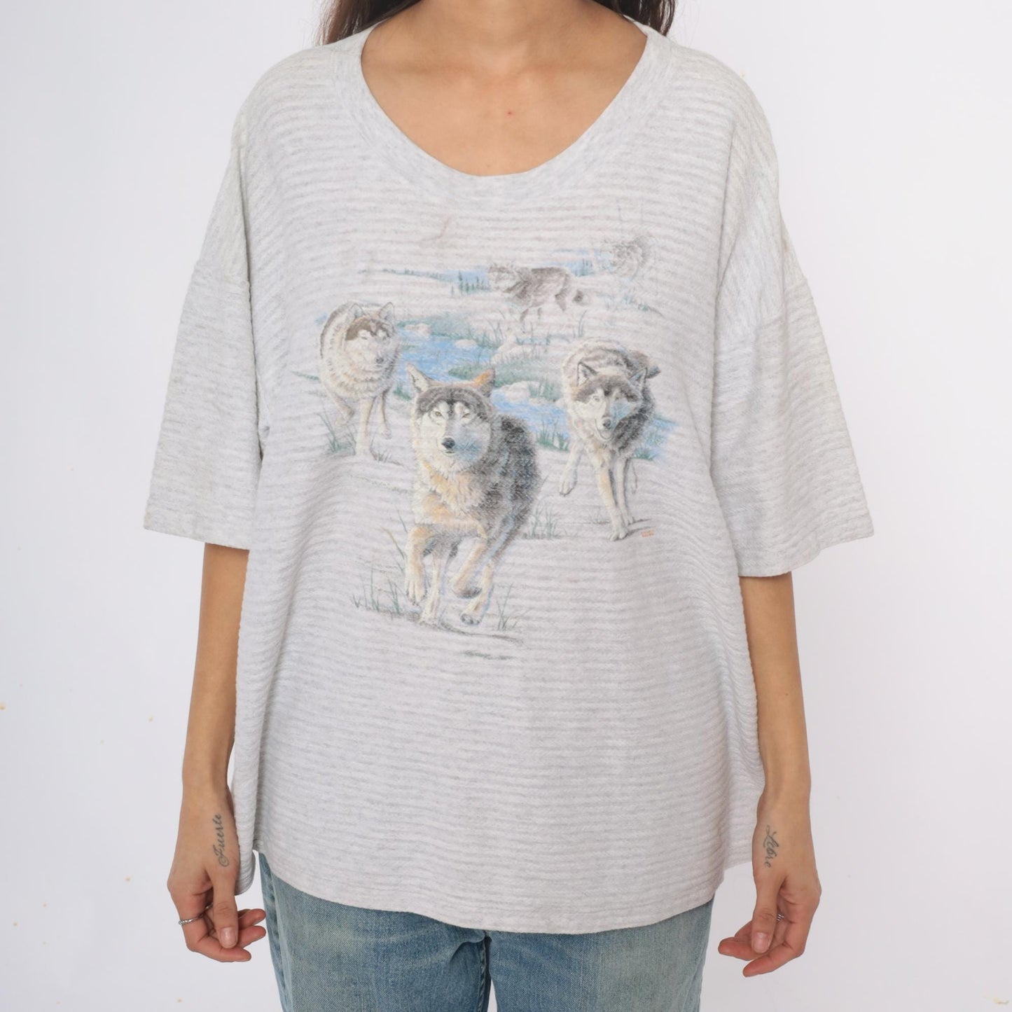 90s Wolf Graphic T-Shirt Grey Cotton V-Neck Animal Print Extra Large XL