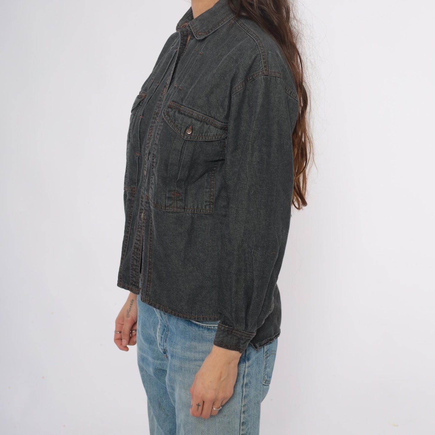 90s Changes Dark Grey Denim Shirt Jacket Cotton Button Front Small