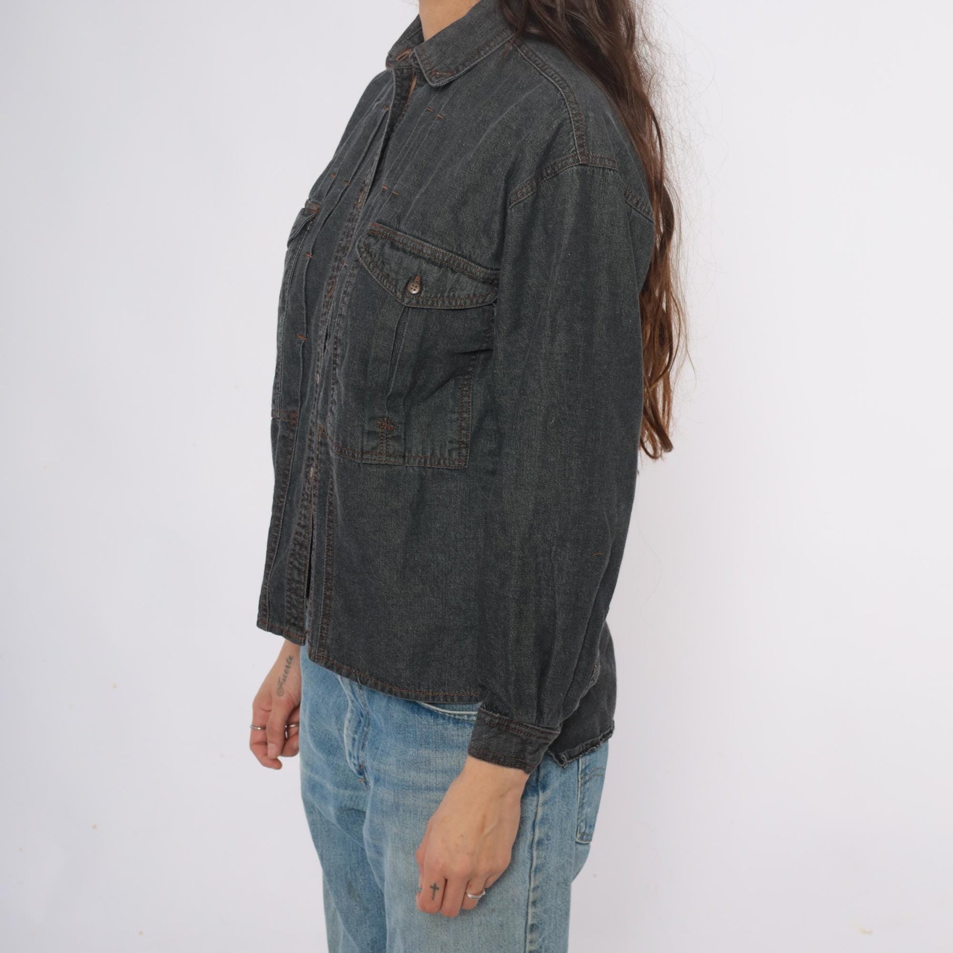 90s Changes Dark Grey Denim Shirt Jacket Cotton Button Front Small