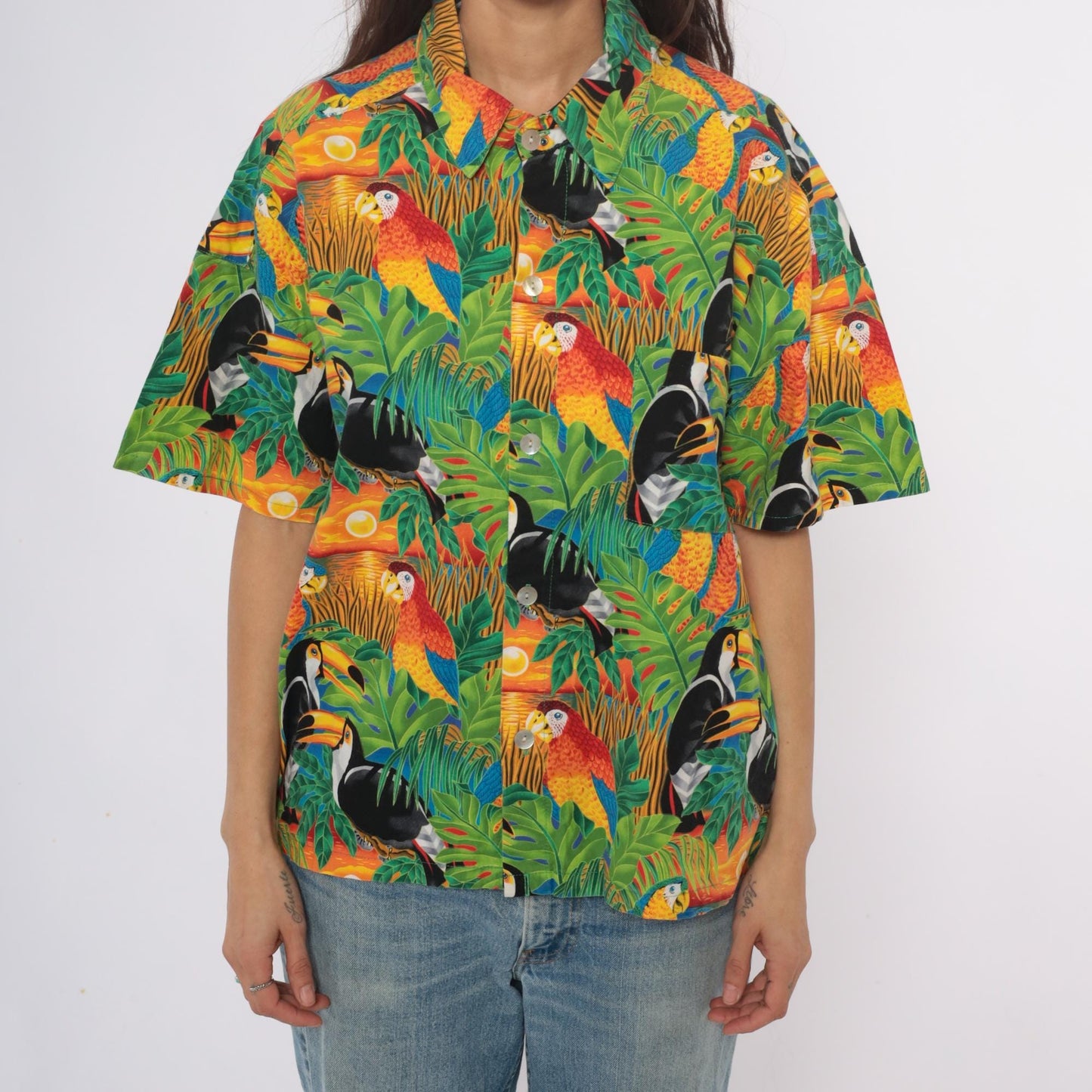 90s Hummingbird Tropical Bird Print Camp Collar Shirt Plus Size XXL