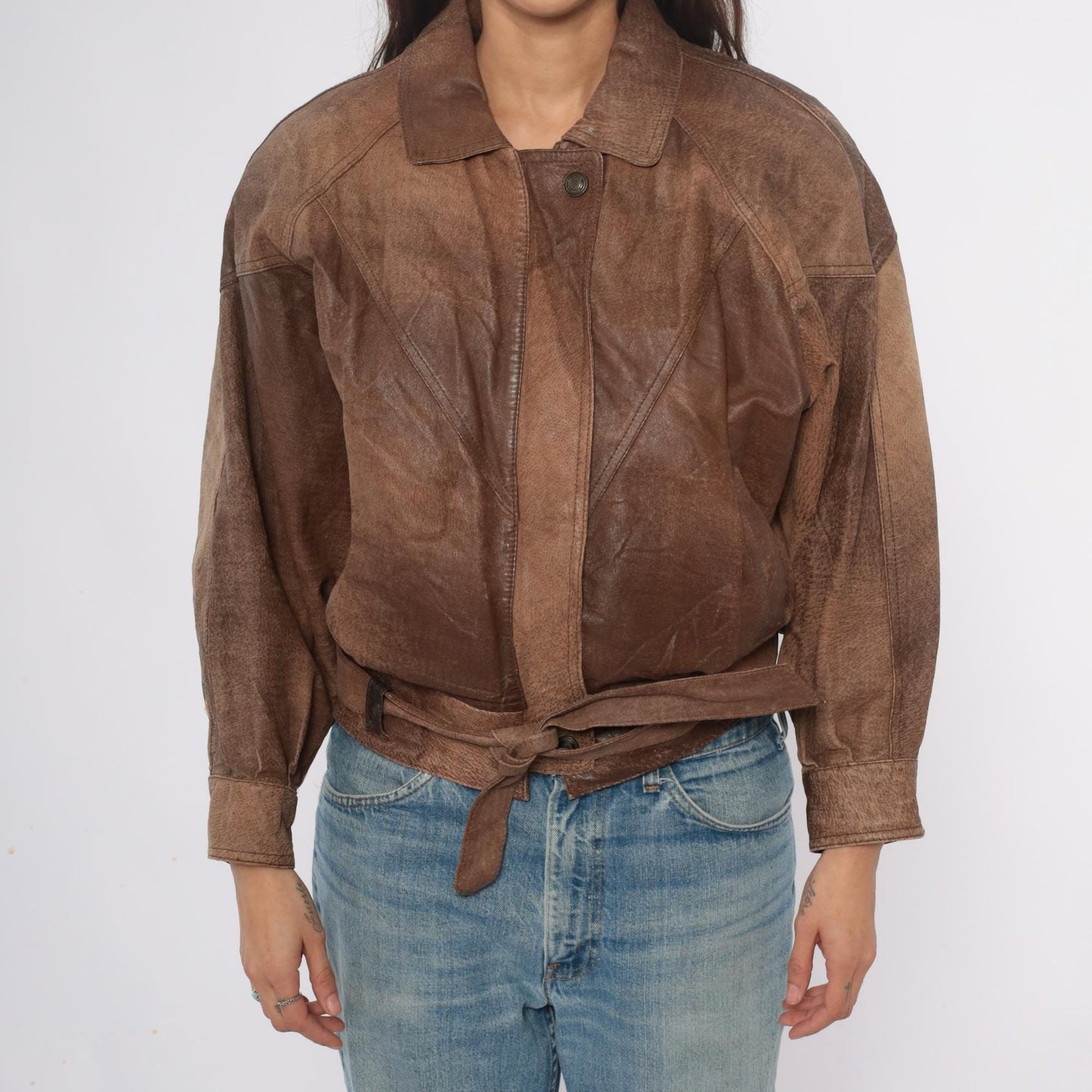 90s Adventure Bound Brown Leather Jacket Cropped Belted Small S