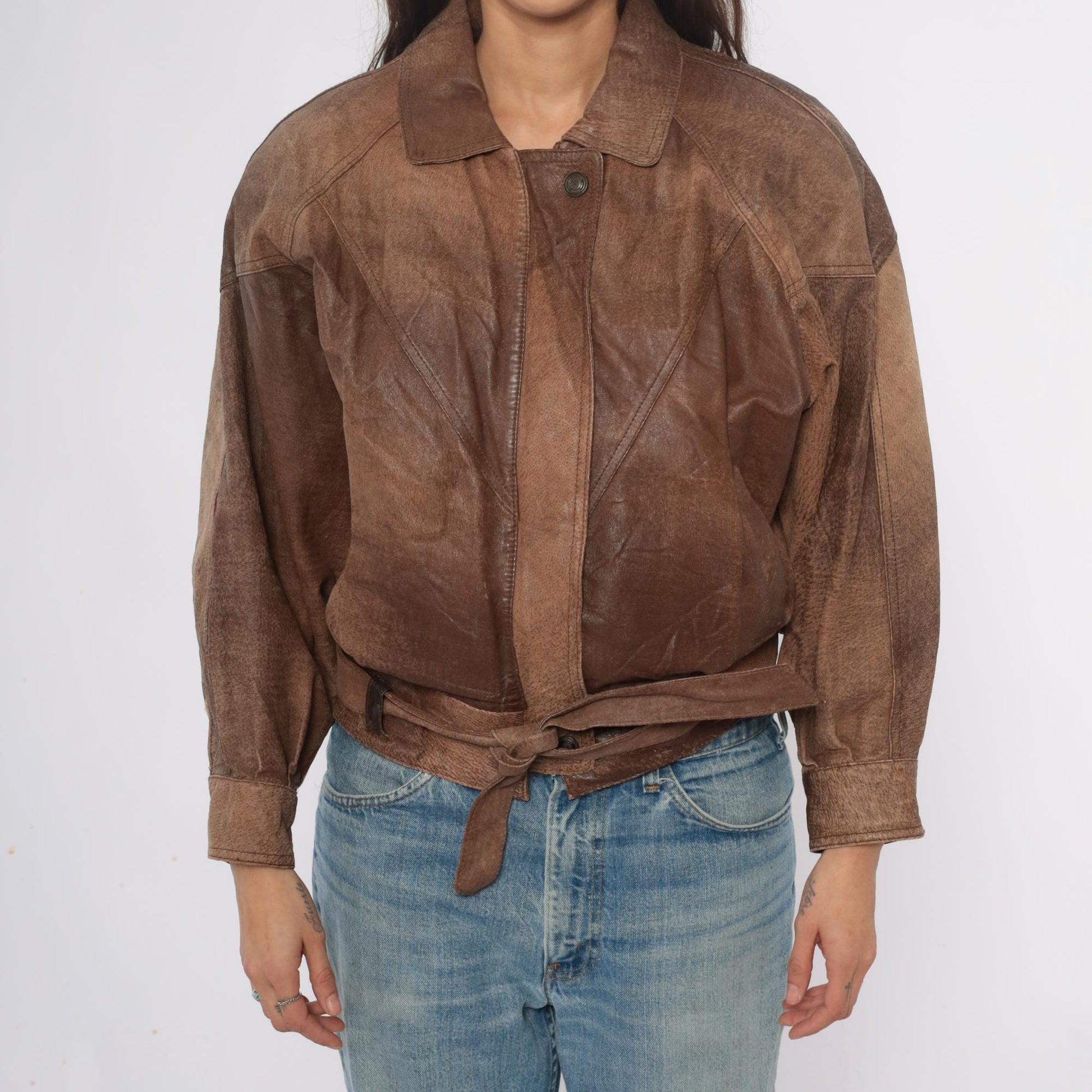 90s Adventure Bound Brown Leather Jacket Cropped Belted Small S