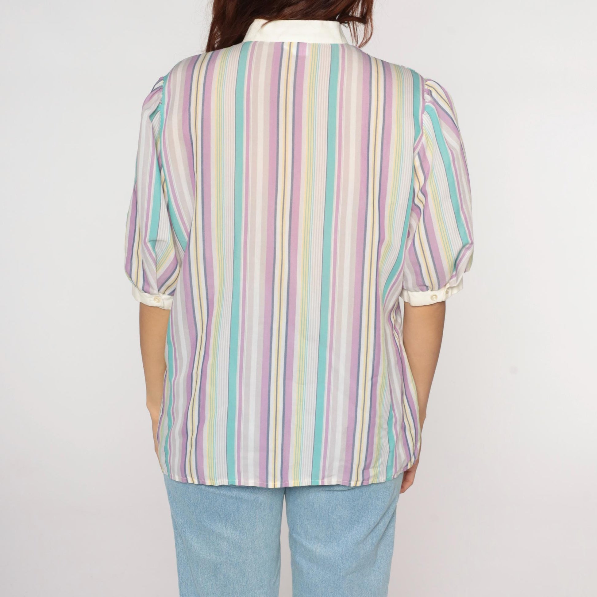 80s Koret Pastel Striped Blouse Peter Pan Collar Puff Sleeve Small