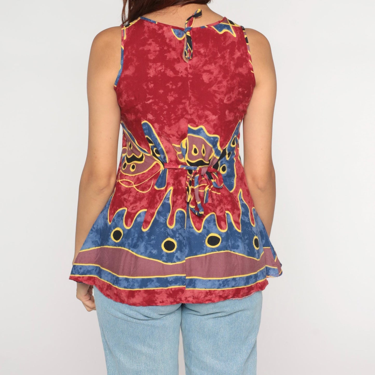 Y2K Ligayas Fish Tank Top Red Tie-Dye Abstract Print Blue Yellow Small