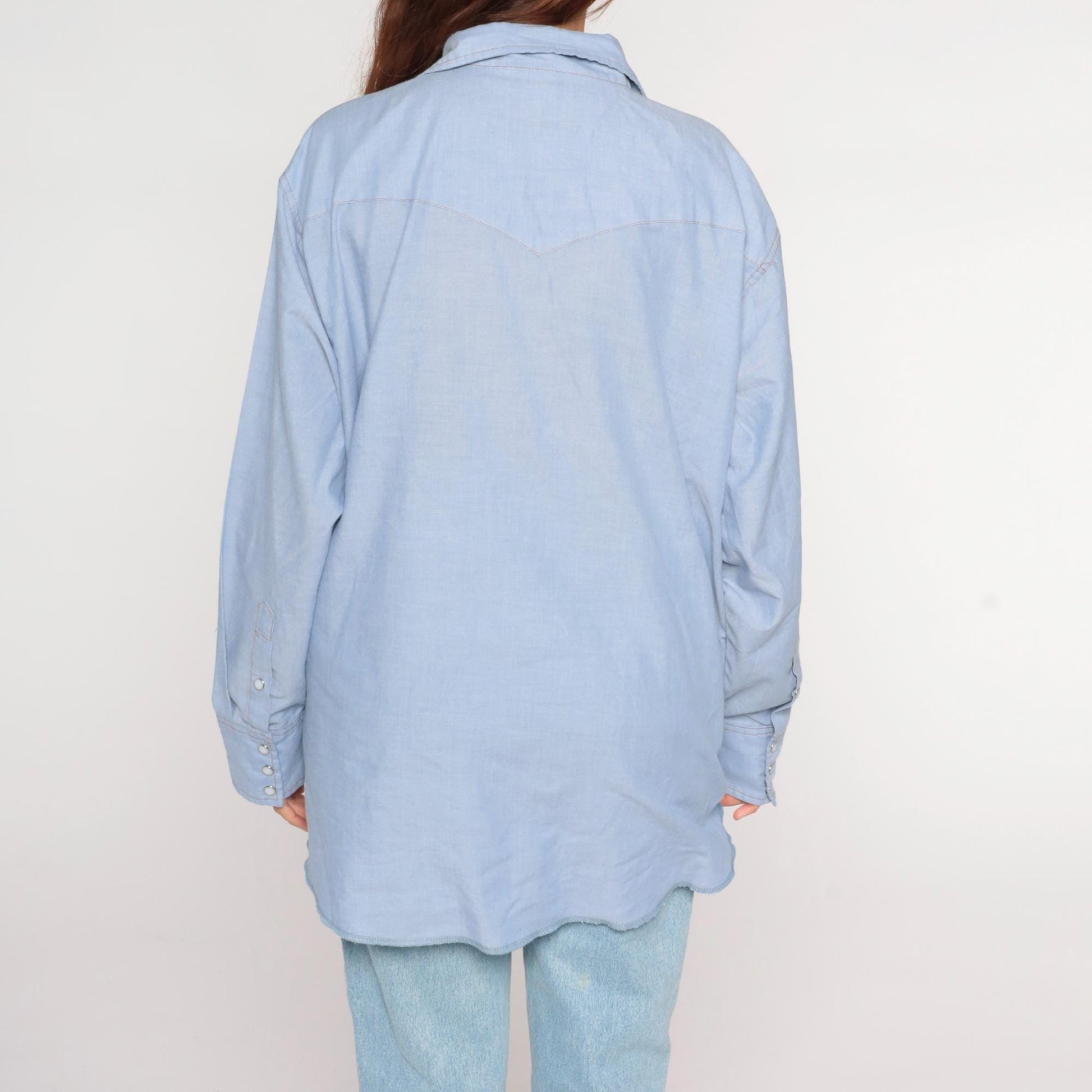 90s Wrangler Light Blue Chambray Pearl Snap Western Shirt Extra Large XXL