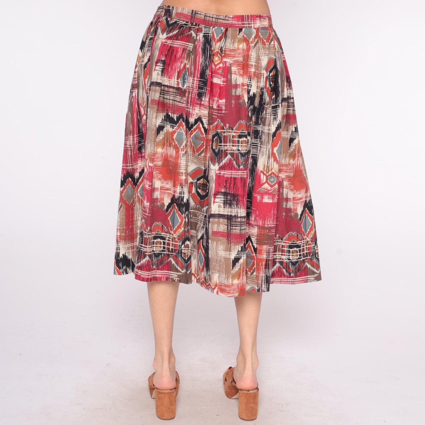 80s Southwestern Geometric Midi Skirt Red Pink Black Tan Cotton High Waist Medium