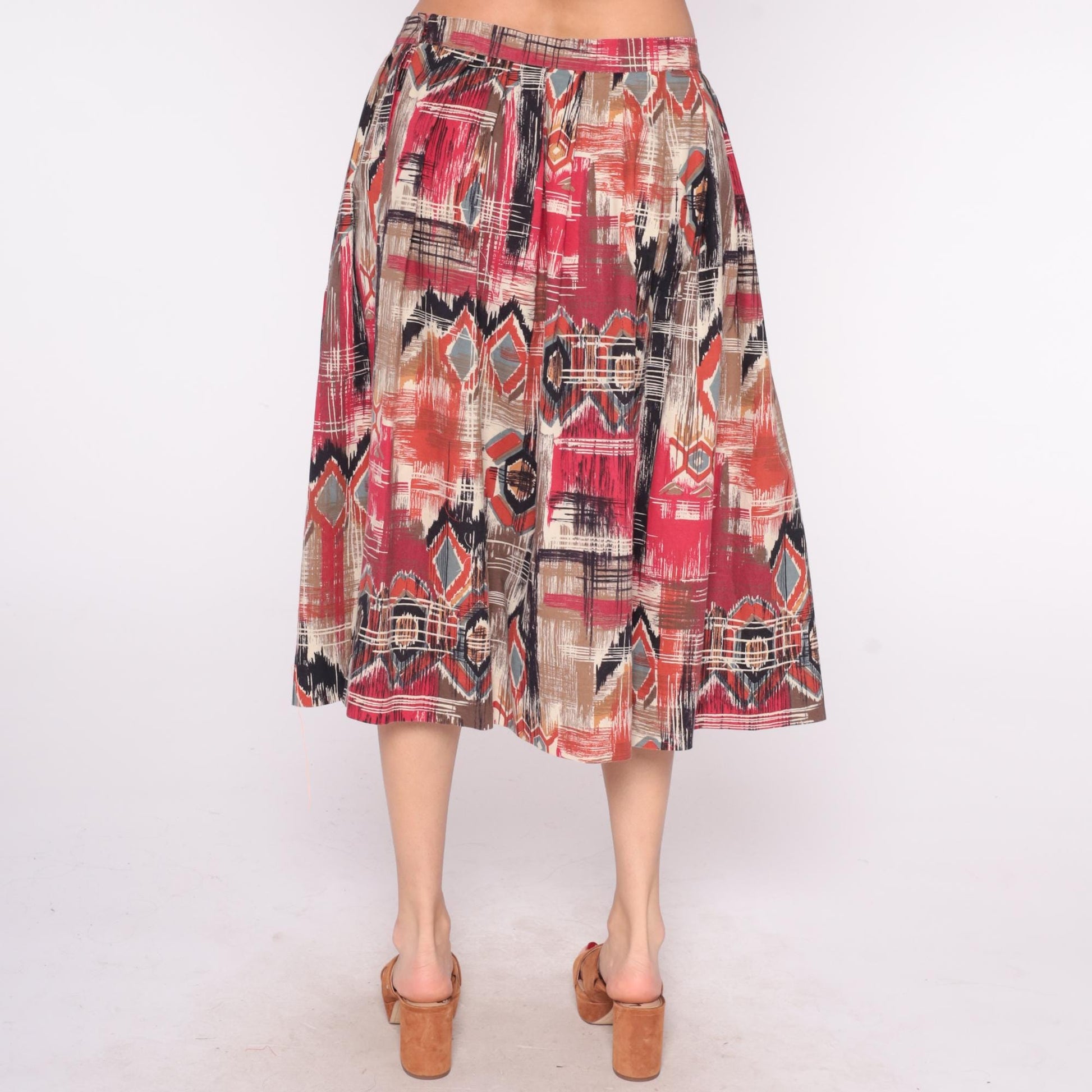 80s Southwestern Geometric Midi Skirt Red Pink Black Tan Cotton High Waist Medium
