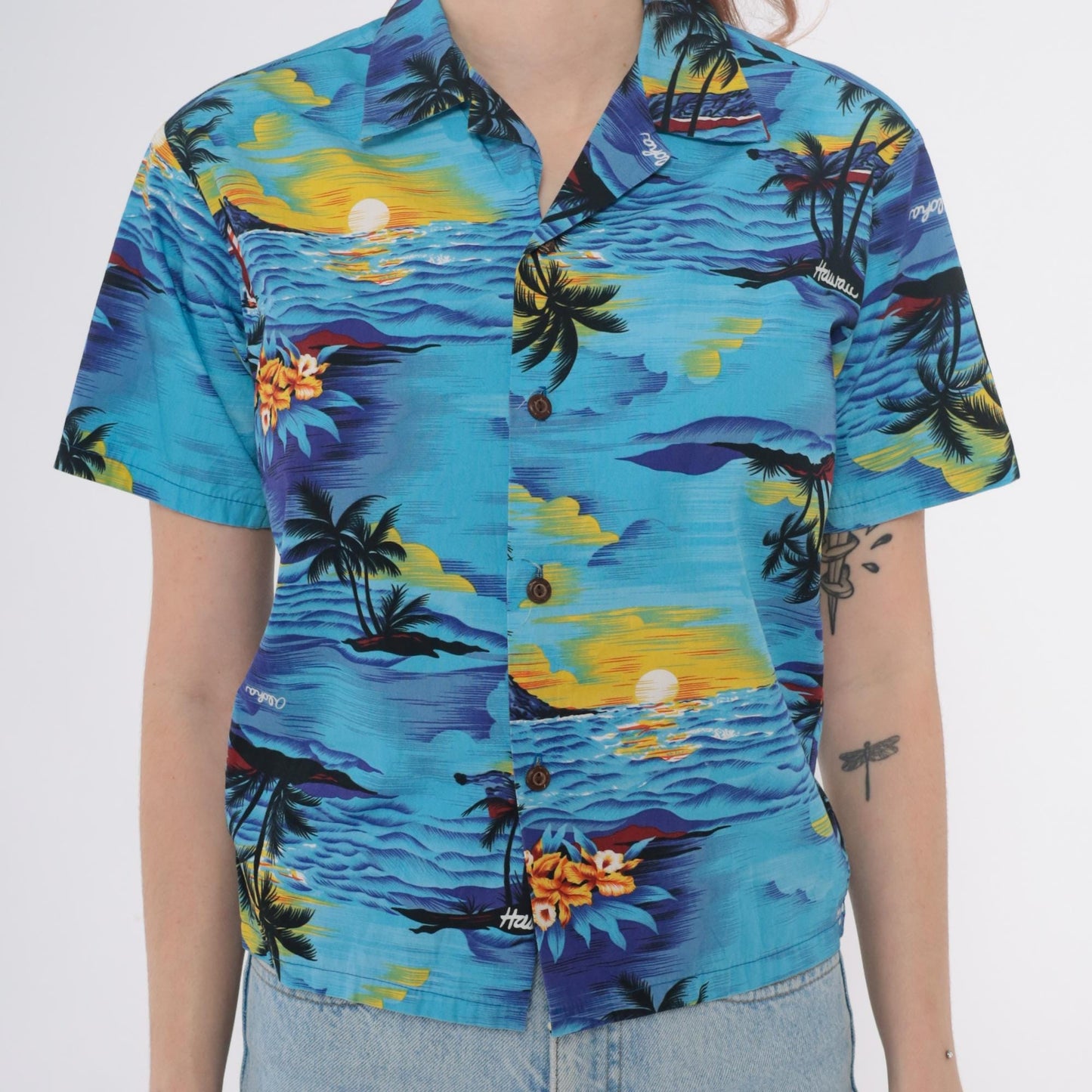 90s Royal Hawaiian Creations Tropical Shirt Turquoise Palm Tree Cotton Small S