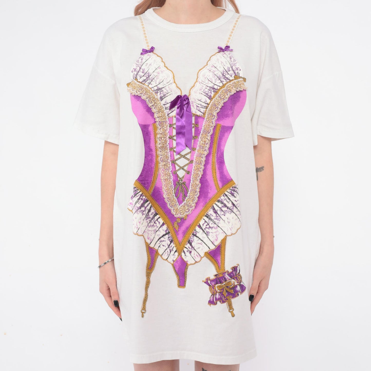 90s Heart To Heart Corset Print Nightshirt White Purple Graphic Sleep Tee One Size
