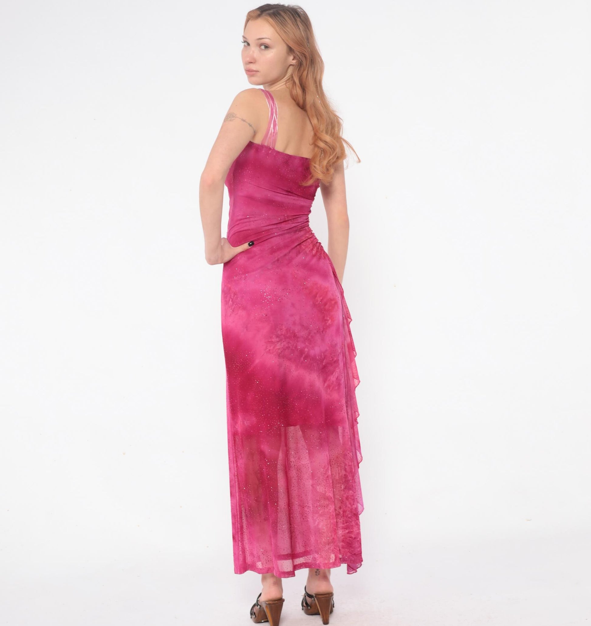 Y2K Hot Pink Sparkle Maxi Dress Ruched Spaghetti Strap Extra Small