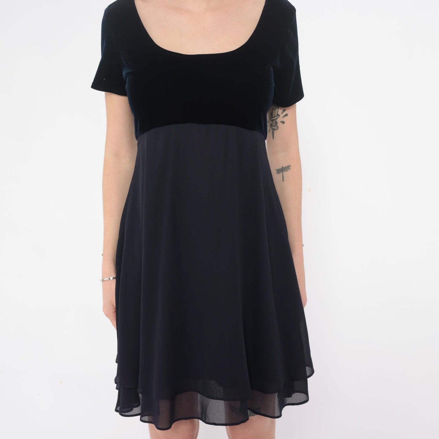 90s Dark Blue Velvet Mini Dress Empire Waist Short Sleeve Medium M