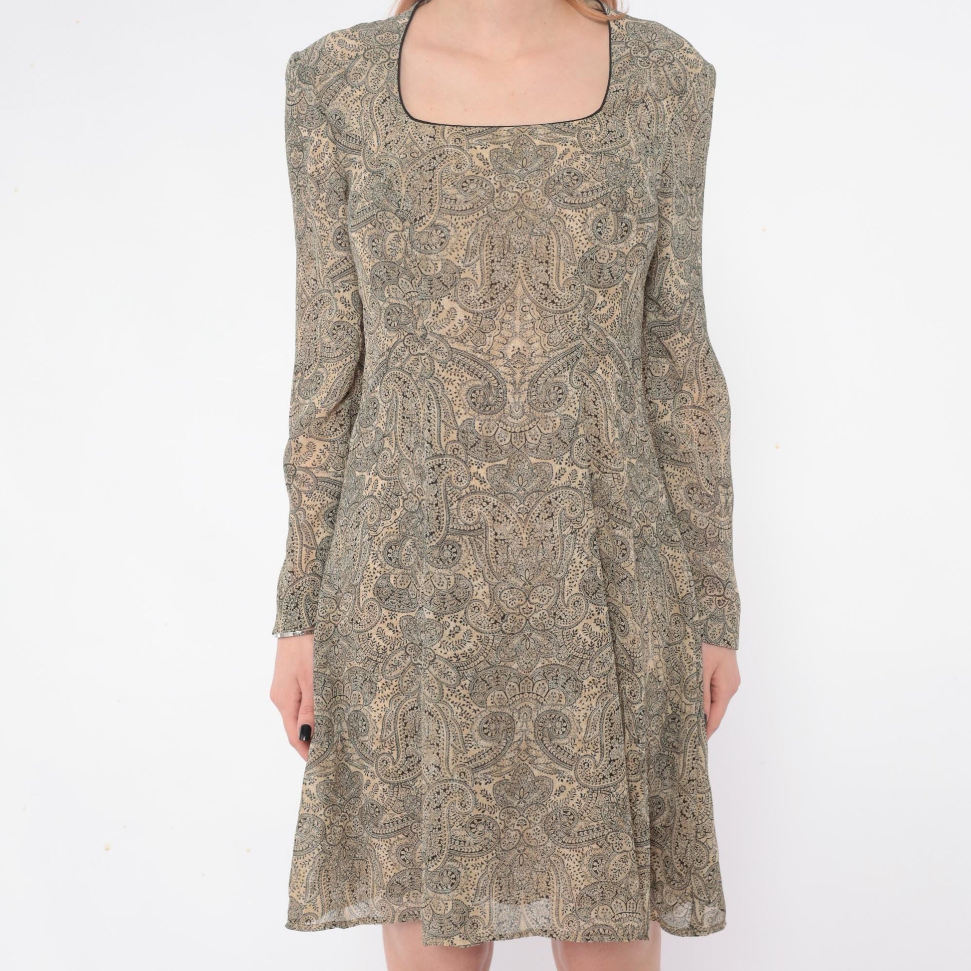 90s Liz Claiborne Paisley Midi Dress Square Neck Long Sleeve Sage Green Small